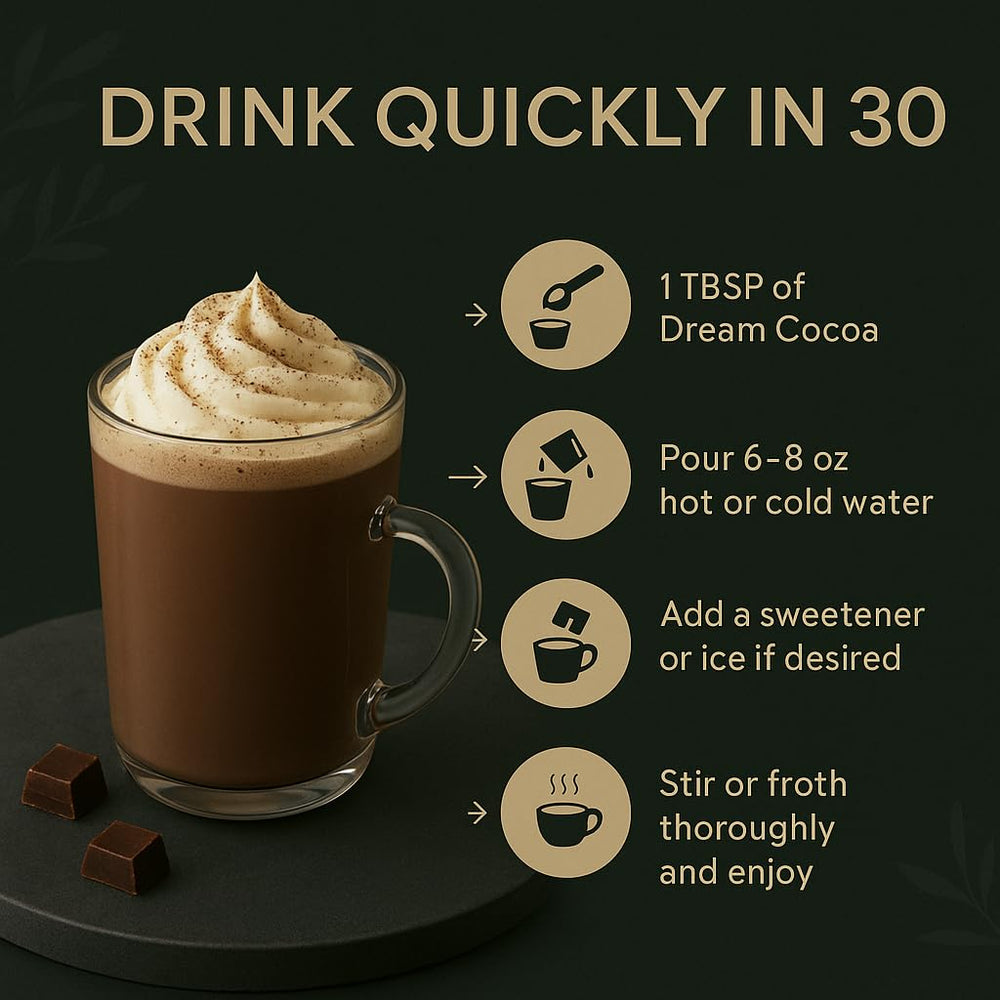 Dream Cocoa mug on nightstand signals a sugar-free wind-down.