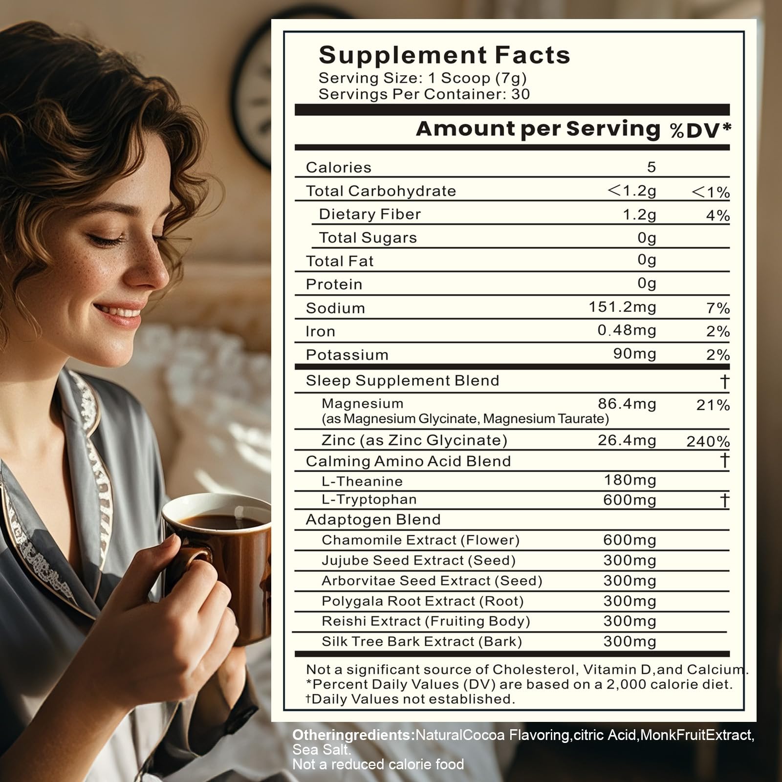 Dream Cocoa contains L-Theanine and Zinc Glycinate for restful evenings.