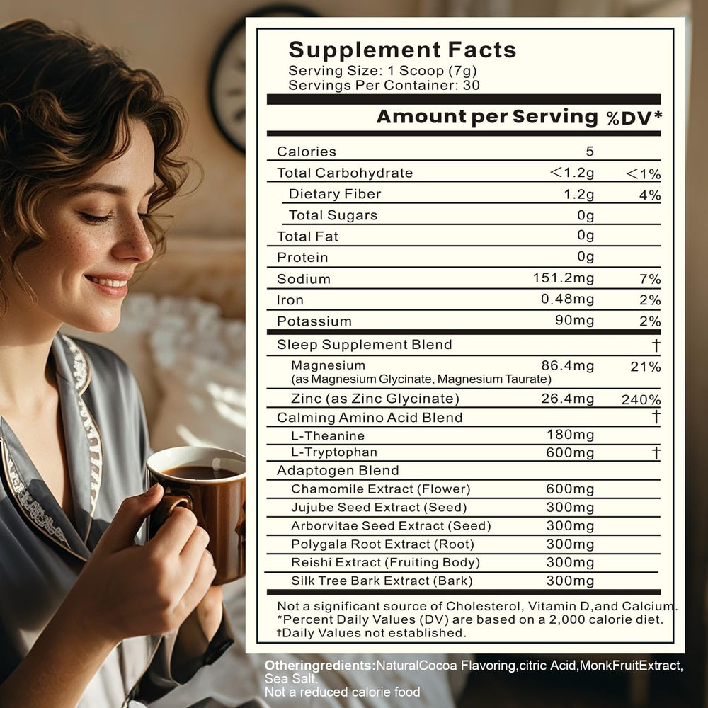 Dream Cocoa contains L-Theanine and Zinc Glycinate for restful evenings.