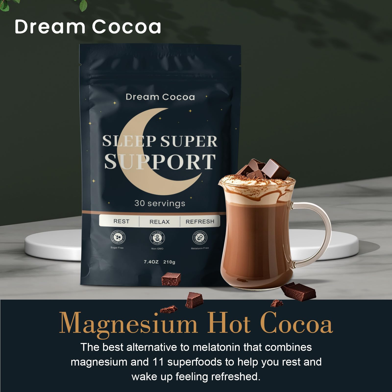 Dream Cocoa reishi mushroom blend enhances your nightly routine.