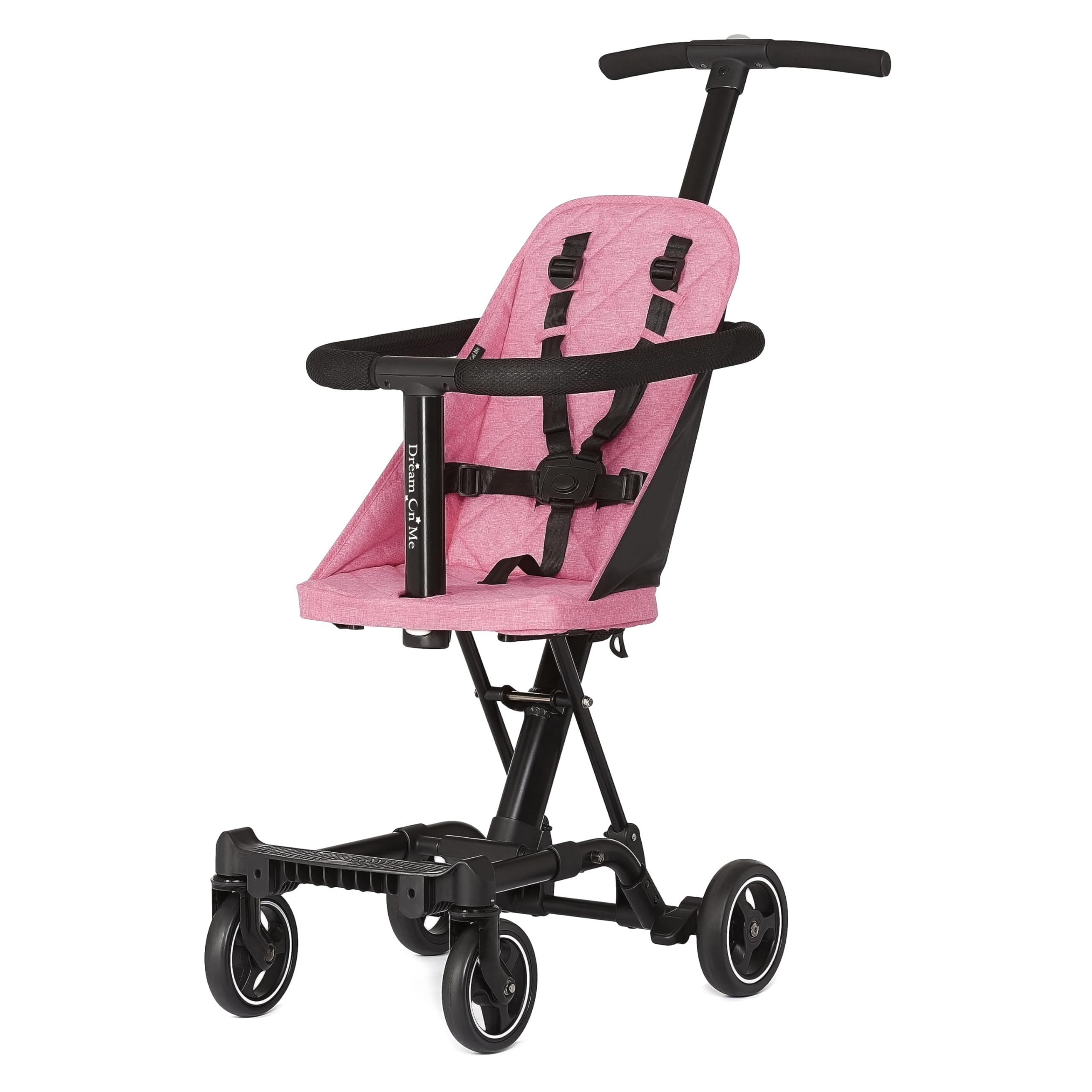 Dream On Me Coast Rider Travel Stroller in pink, lightweight design for easy travel and storage.