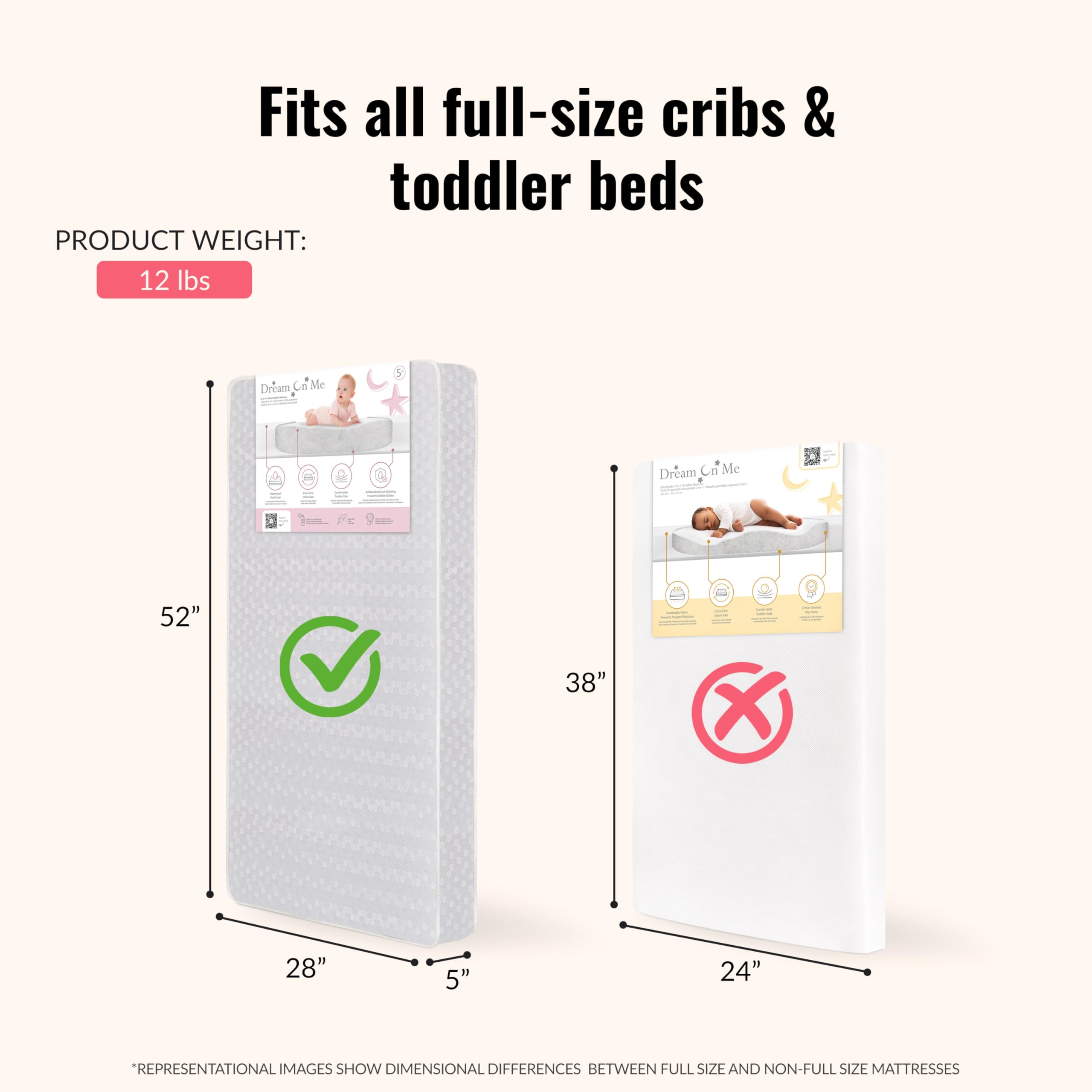Dream On Me Honeycomb orthopedic mattress in crib demonstrating standard crib fit