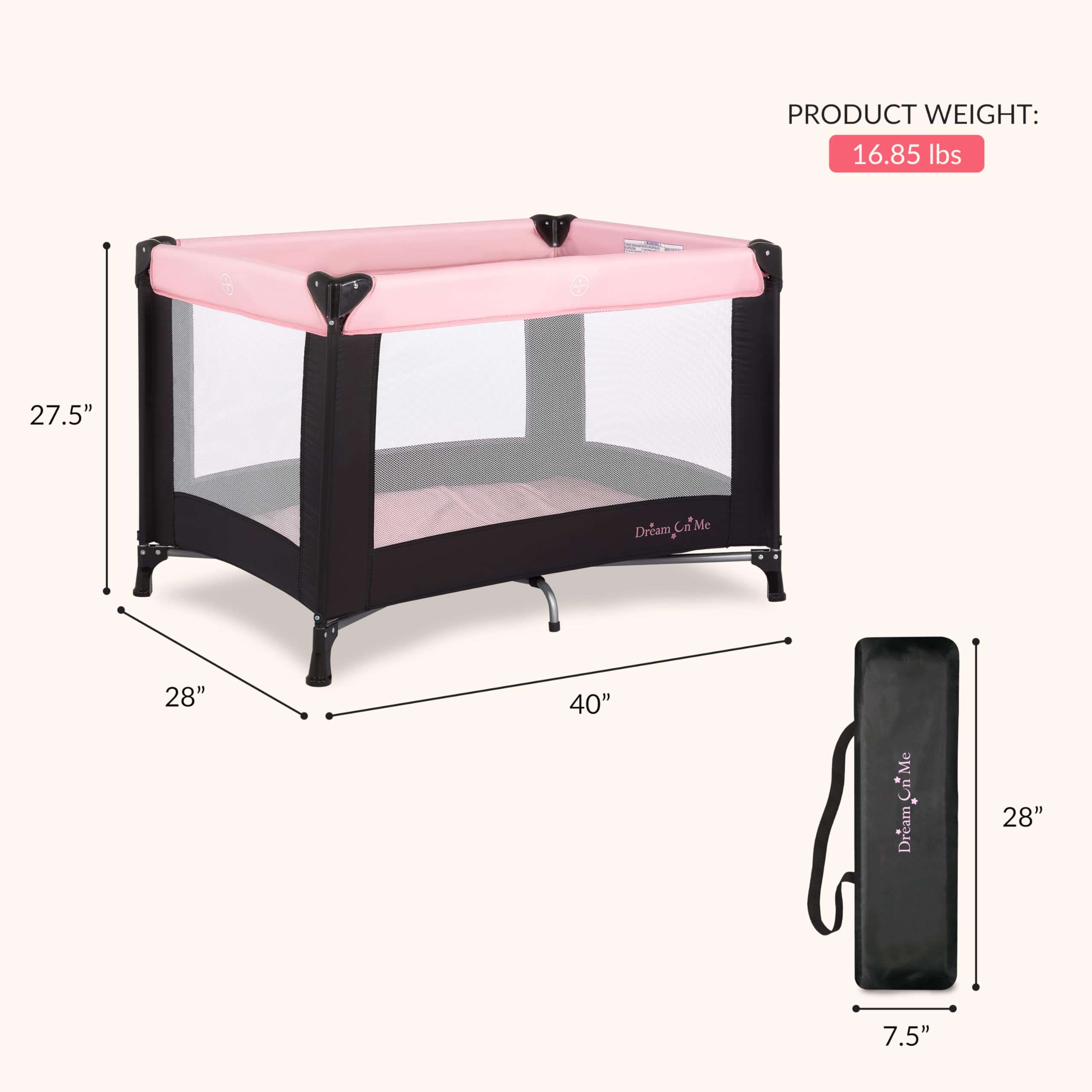 Dream On Me Nest portable playard folded with mattress for nap-ready portability.