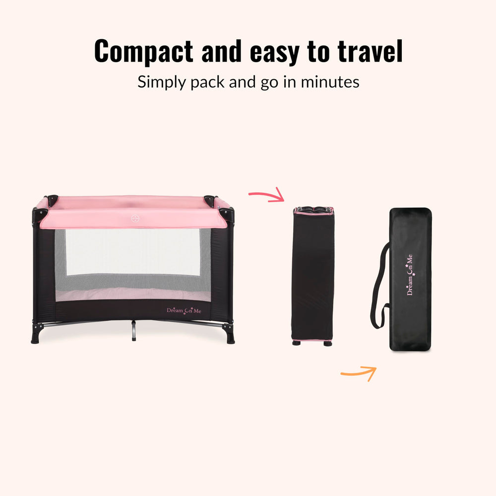 Dream On Me Nest portable playard shown with included travel tote.
