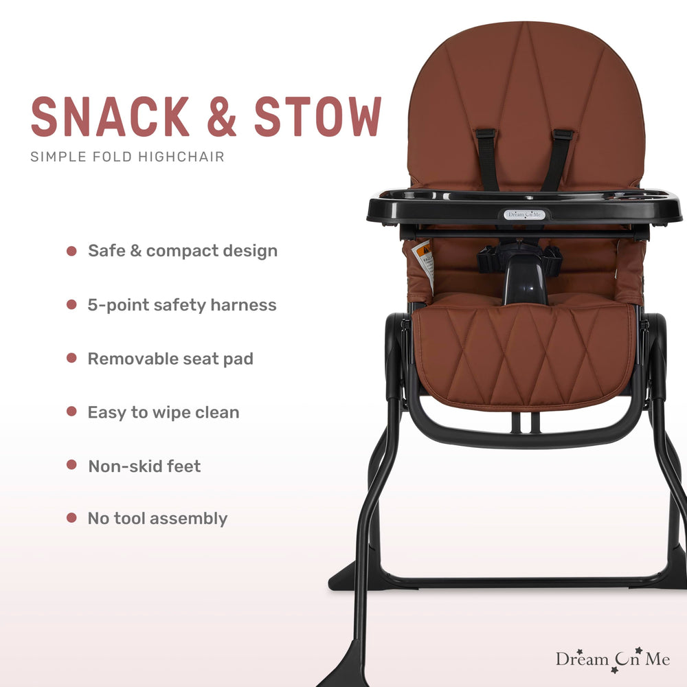 Dream On Me Snack and Stow Highchair featuring a 5-point harness for secure feeding.