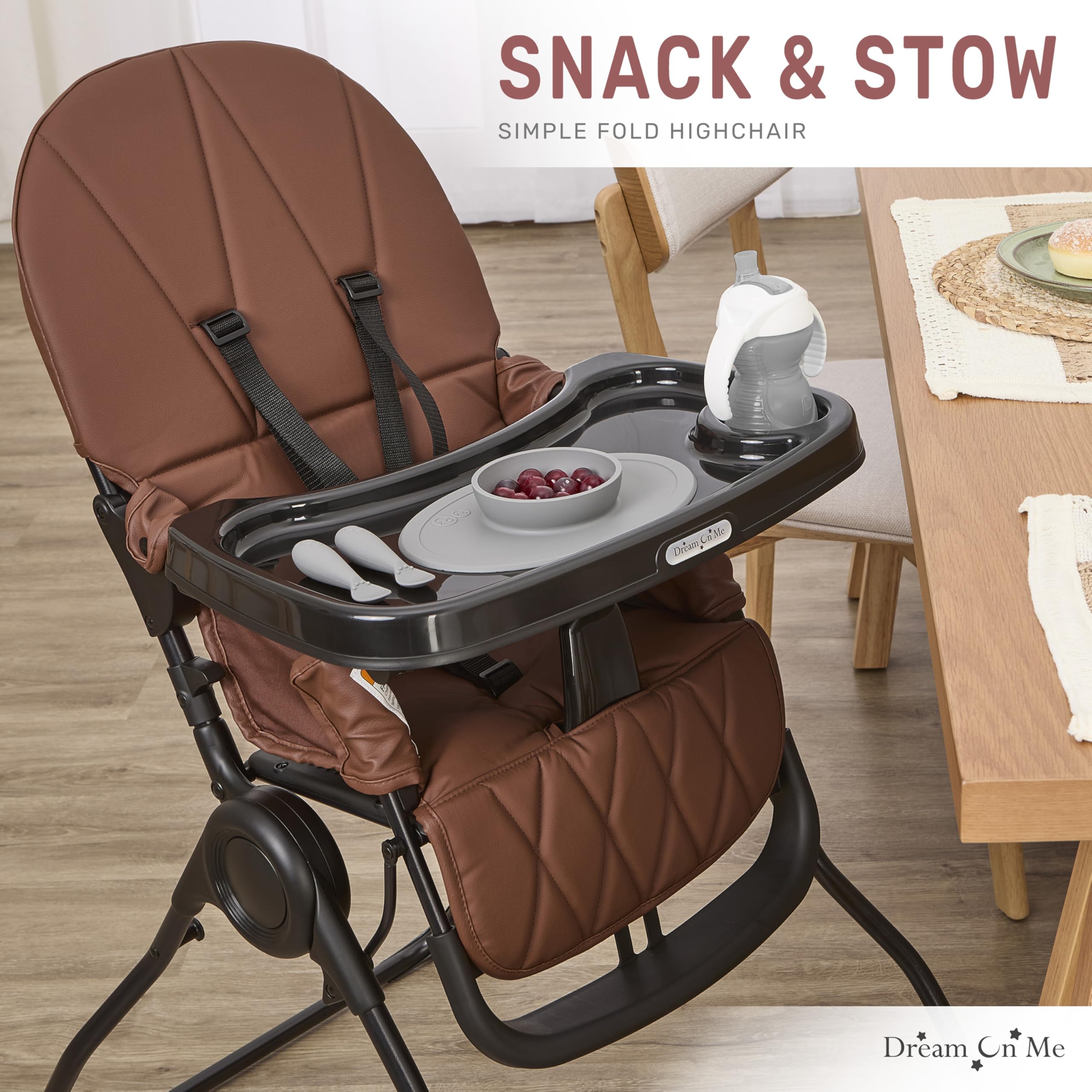 Dream On Me Snack and Stow Highchair padded seat adds comfort during longer meals.