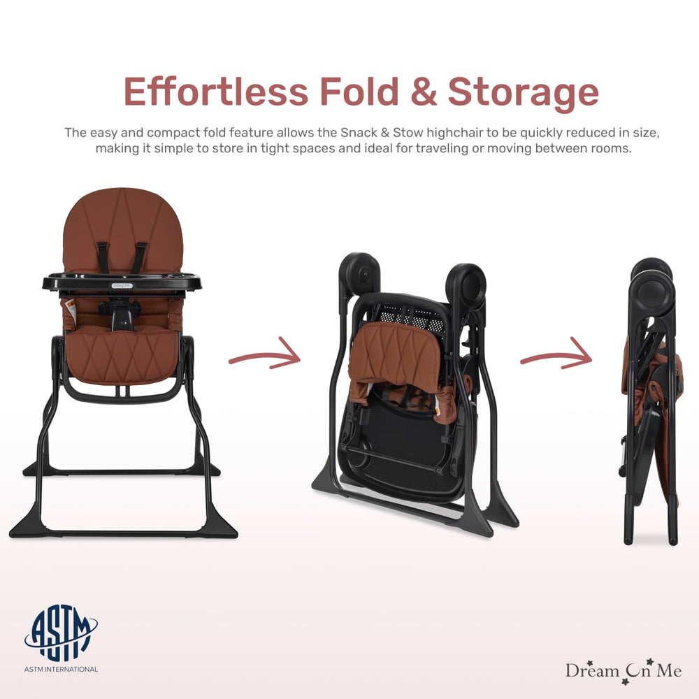 Dream On Me Snack and Stow Highchair removable tray simplifies cleaning after meals.