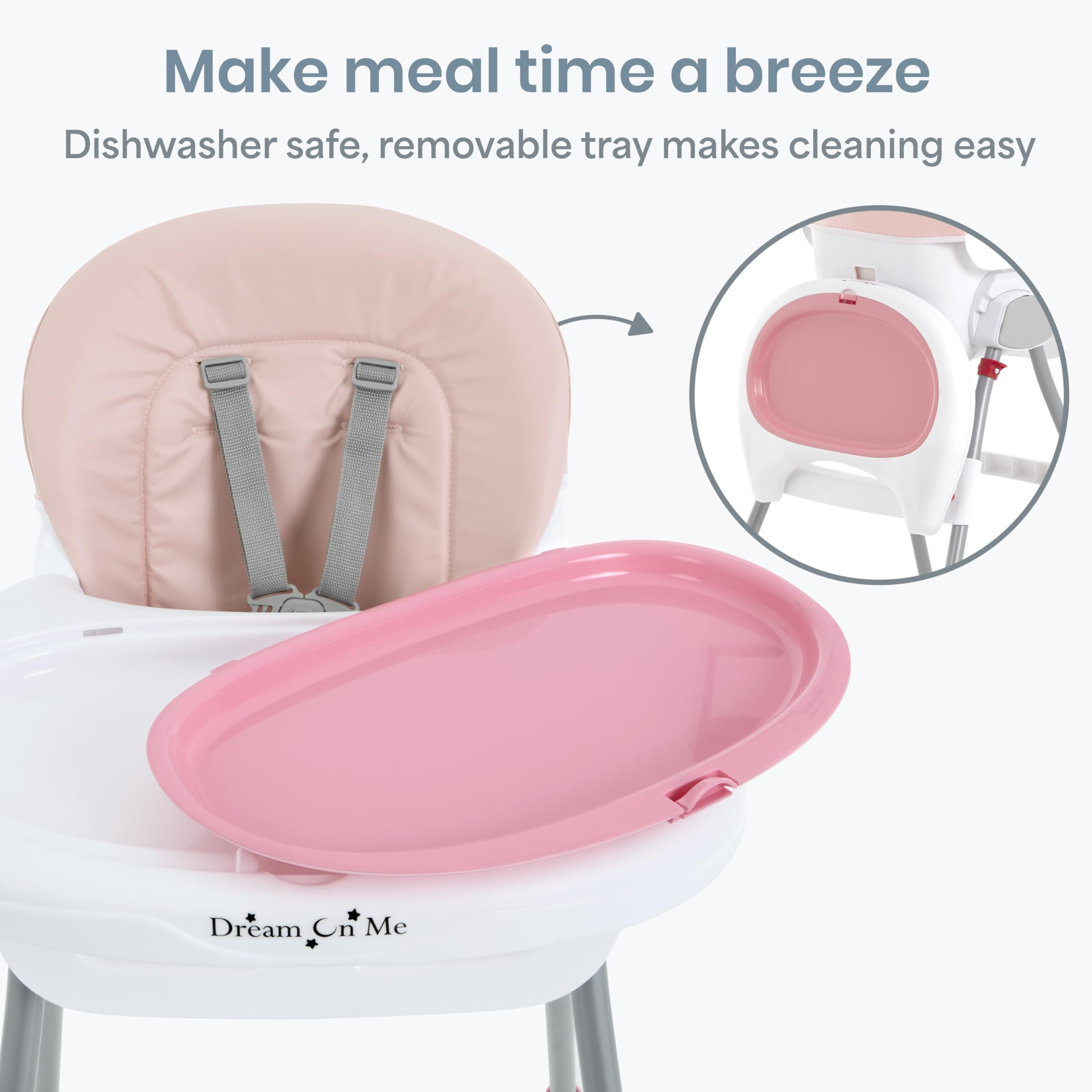 Dream On Me TableTalk base tray stays attached for stability during meals.