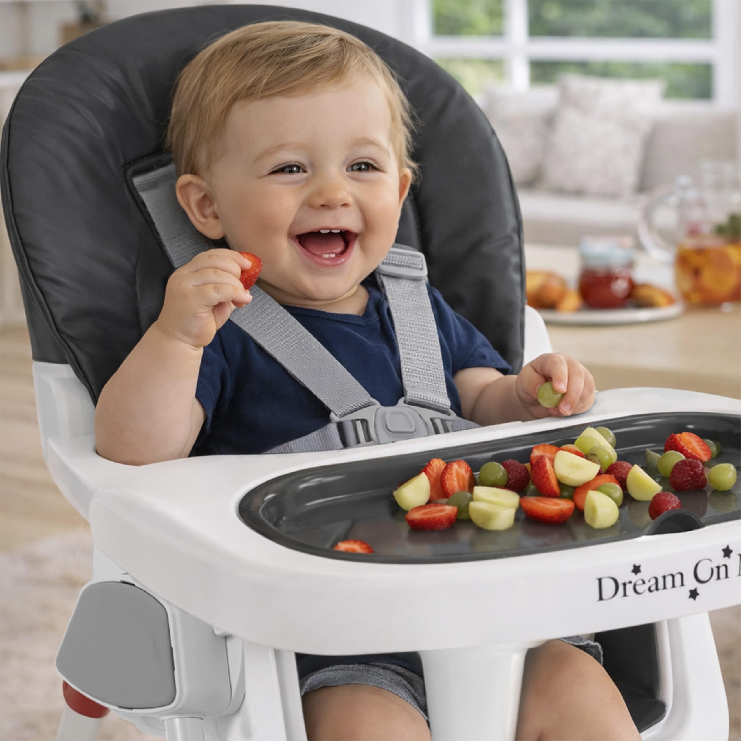 Dream On Me TableTalk base tray secured for stable mealtime.