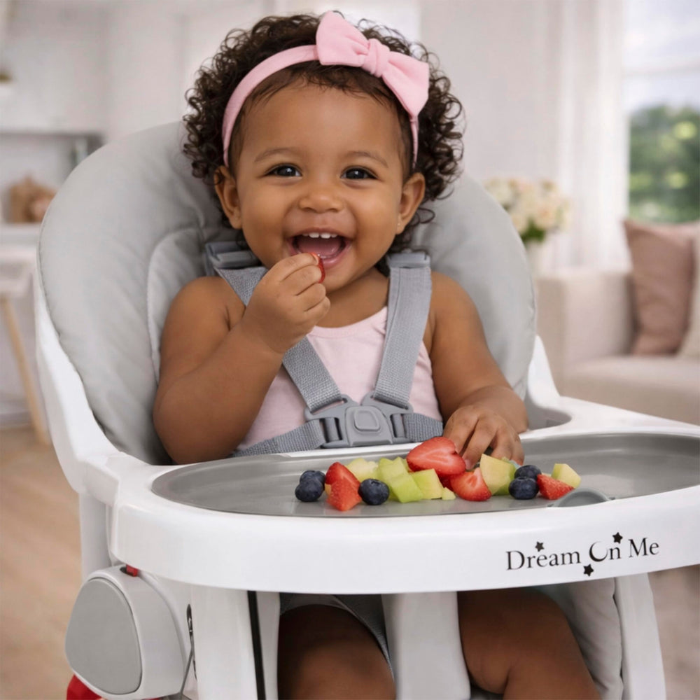 Dream On Me TableTalk top tray removal highlights quick cleaning and versatile mealtime use.