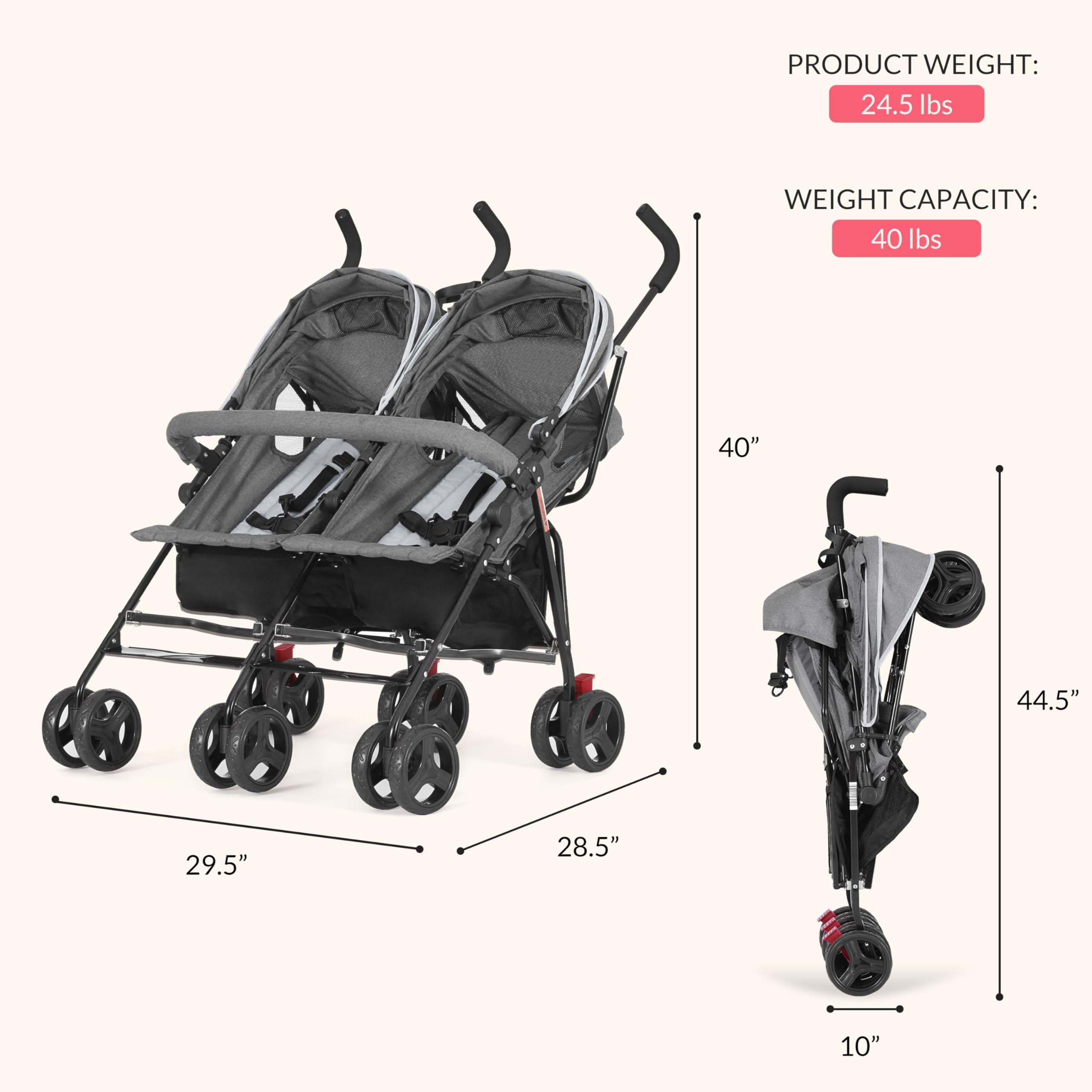 Dream On Me Volgo Twin Stroller adjustable canopy for ventilation and shade.