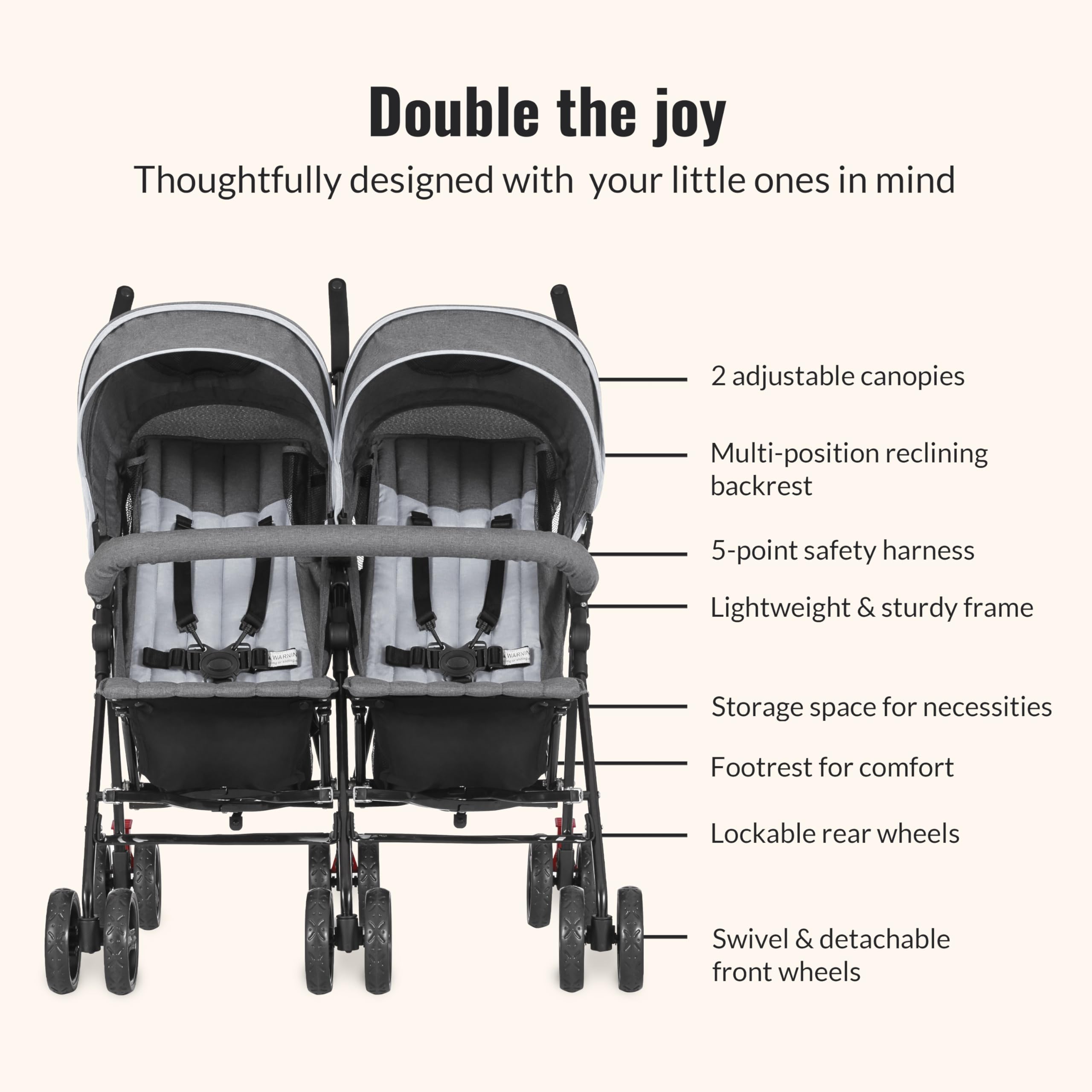 Dream On Me Volgo Twin Stroller folded compact for travel and storage.