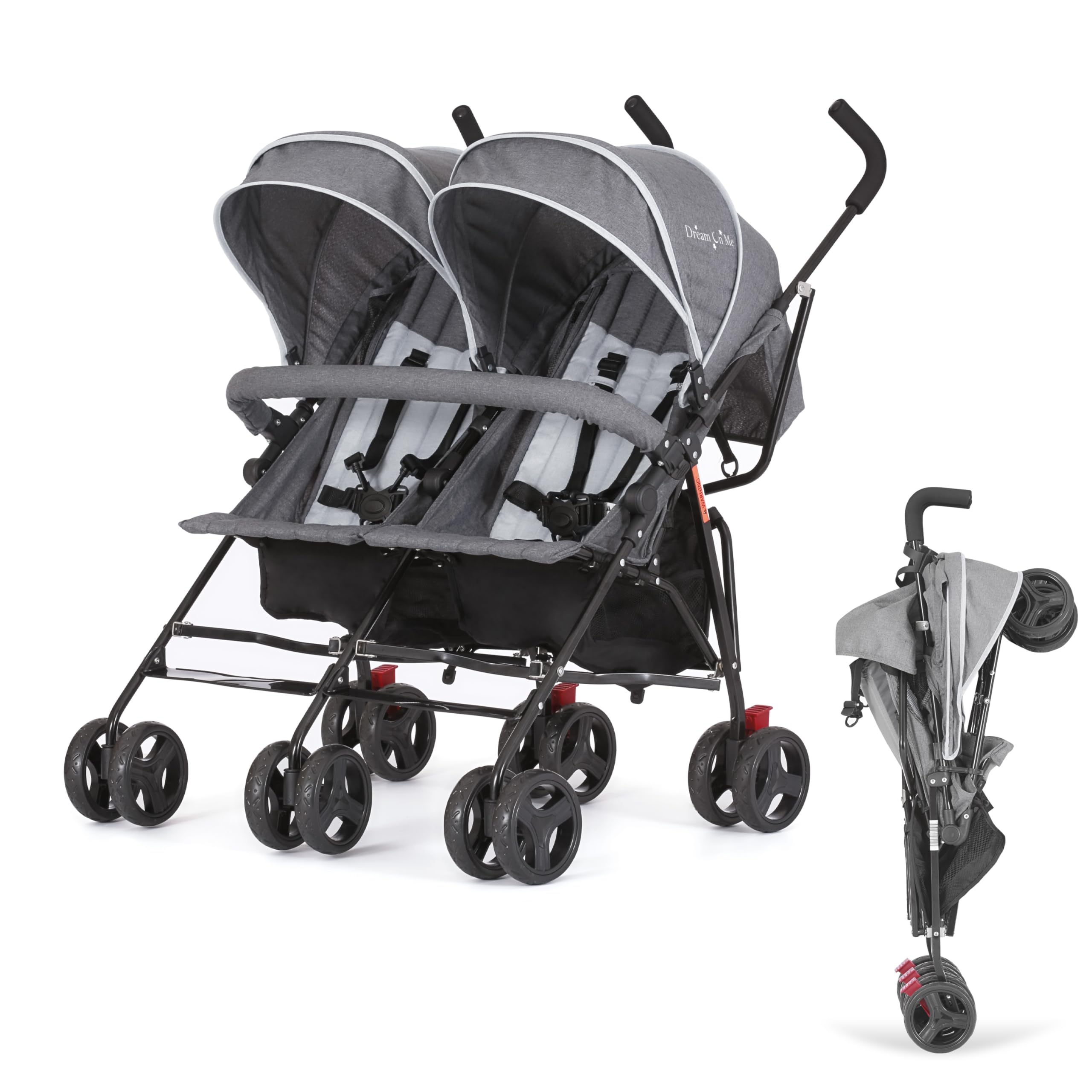 Dream On Me Volgo Twin Stroller front view with twin seats and canopy.