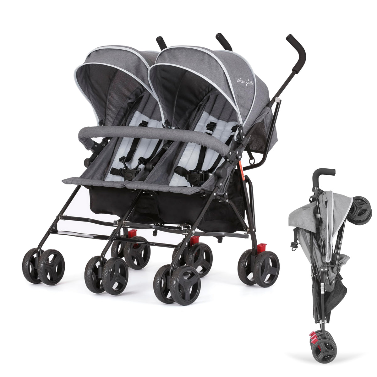 Dream On Me Volgo Twin Stroller front view with twin seats and canopy.