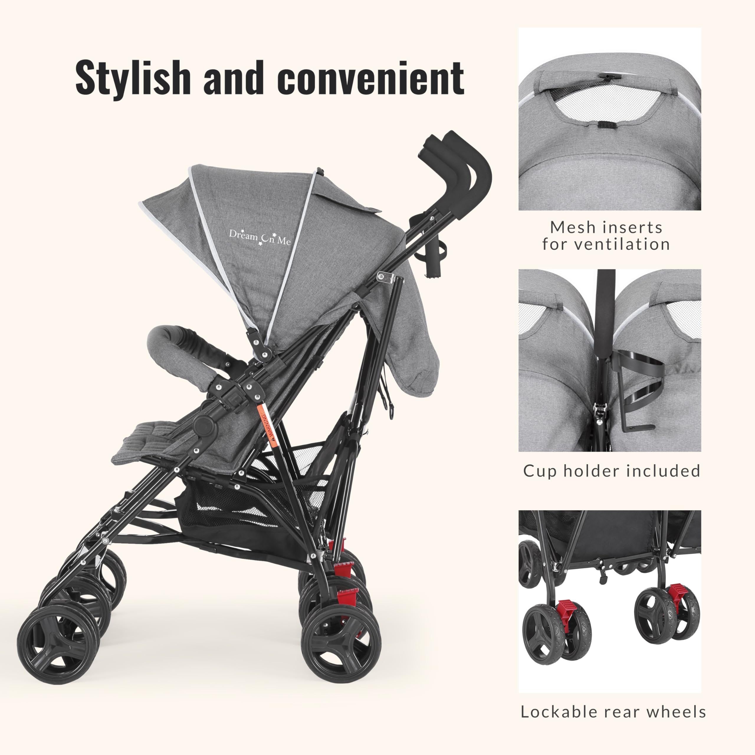 Dream On Me Volgo Twin Stroller soft ride wheels for smooth push.