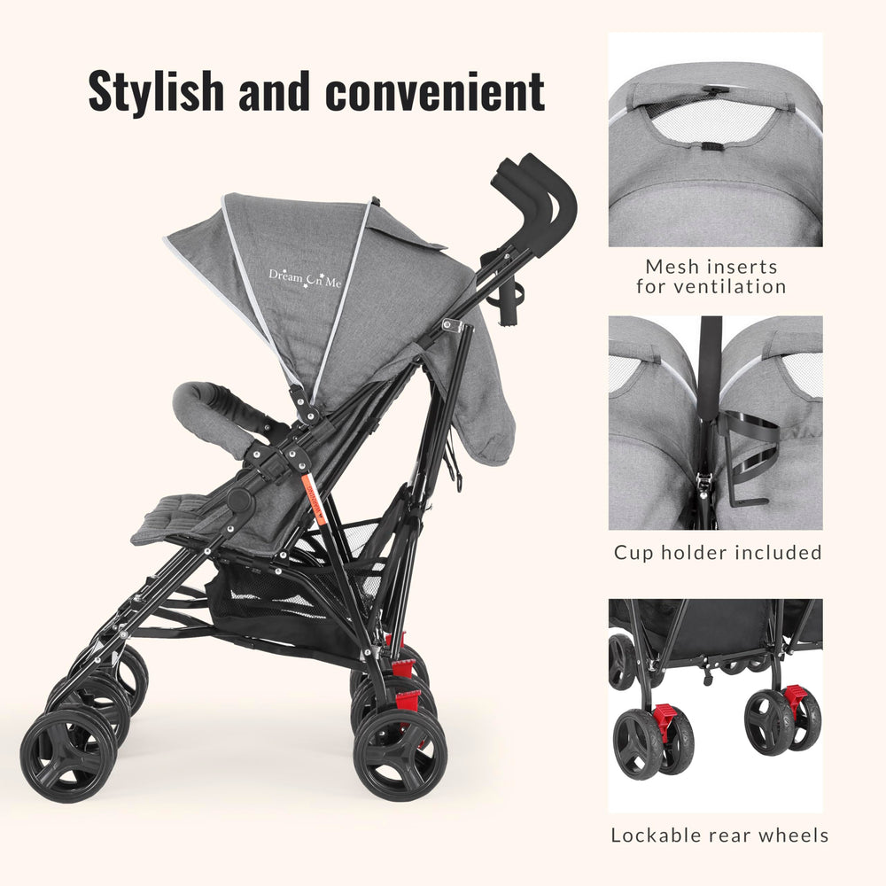 Dream On Me Volgo Twin Stroller soft ride wheels for smooth push.