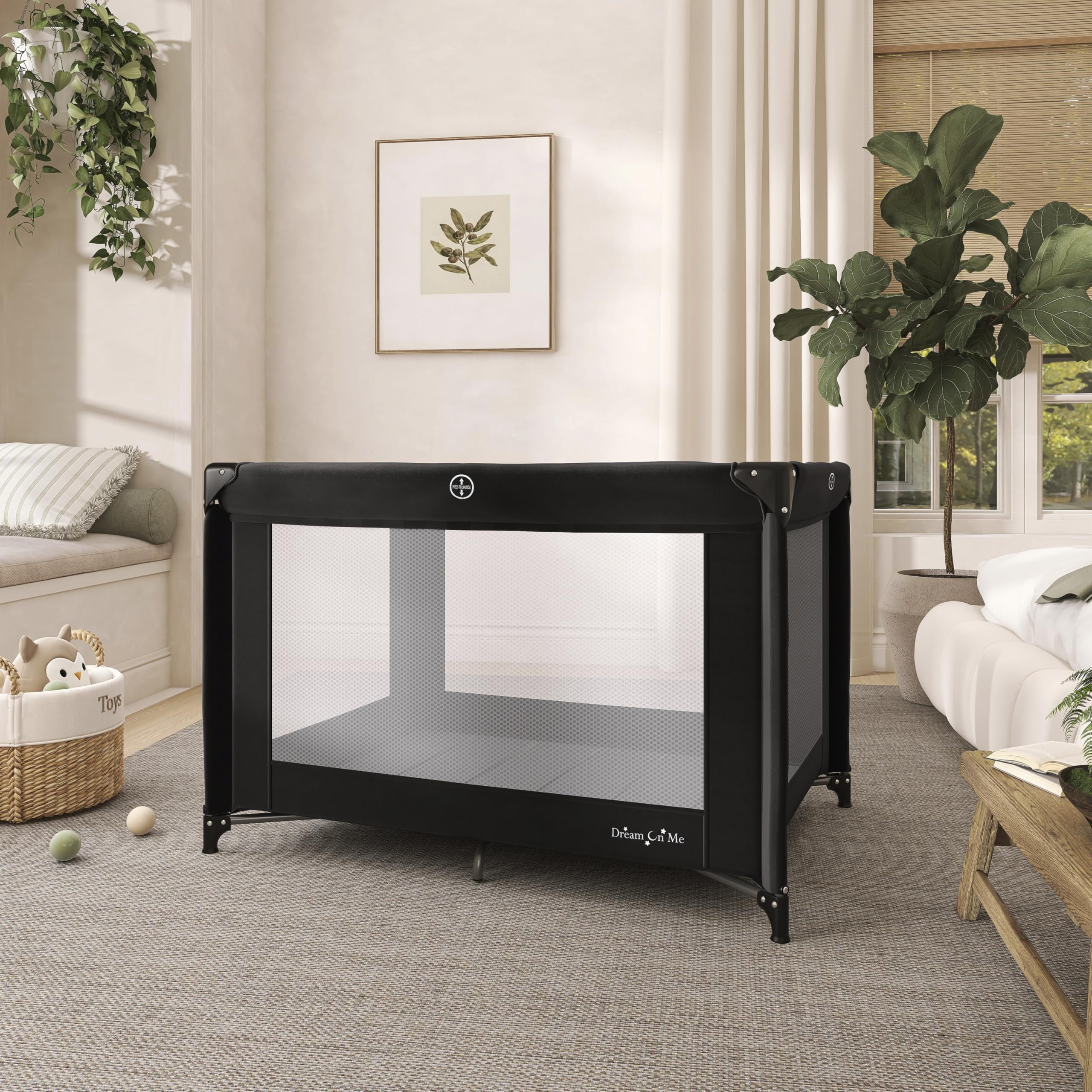 Dream On Me Zazzy assembled size and foldable design support roomy use and easy travel.