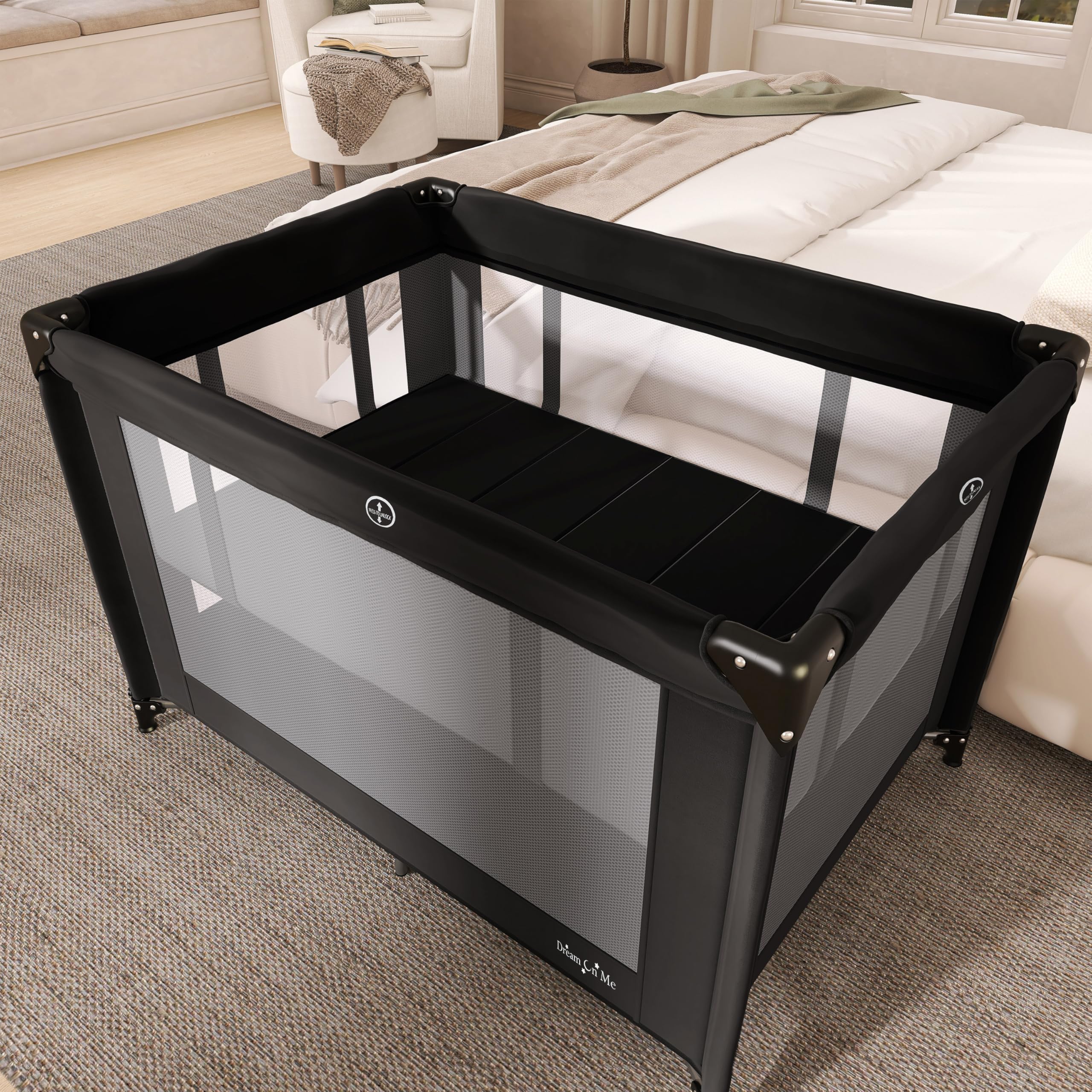 Dream On Me Zazzy playard setup demonstrates quick tool-free assembly for travel.