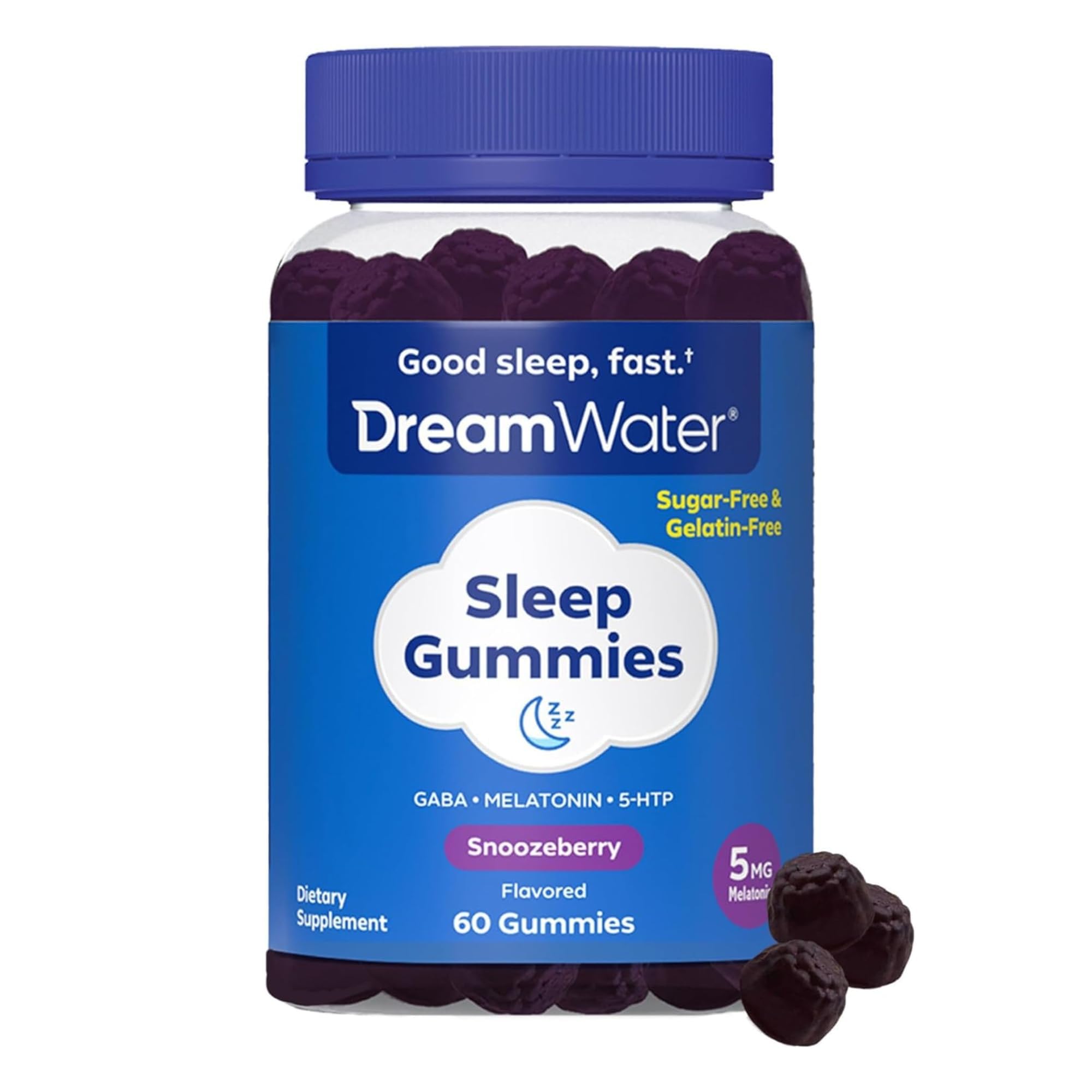 Dream Water Snoozeberry gummies bottle on shelf for easy nightly rest.