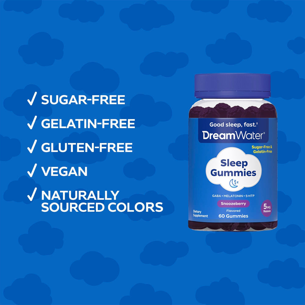 Dream Water Snoozeberry gummies on table during evening routine.
