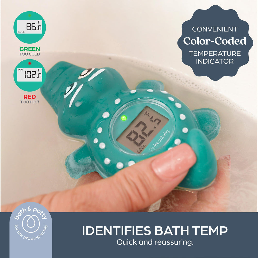 Dreambaby crocodile thermometer uses red/green indicators for safe water guidance