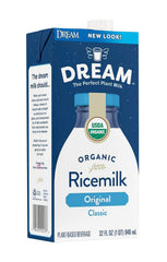 Dream Blends Rice Dream Original bottle being poured for a refreshing dairy-free breakfast.