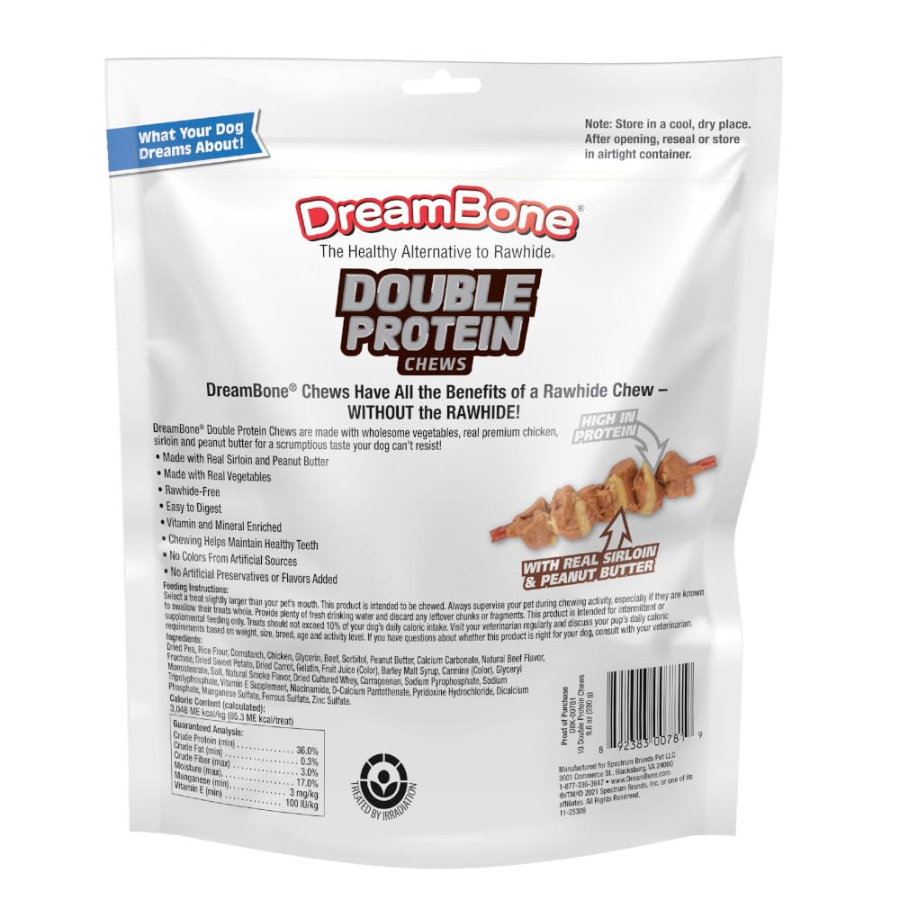 Close-up of DreamBone chews with real chicken, sirloin, and peanut butter