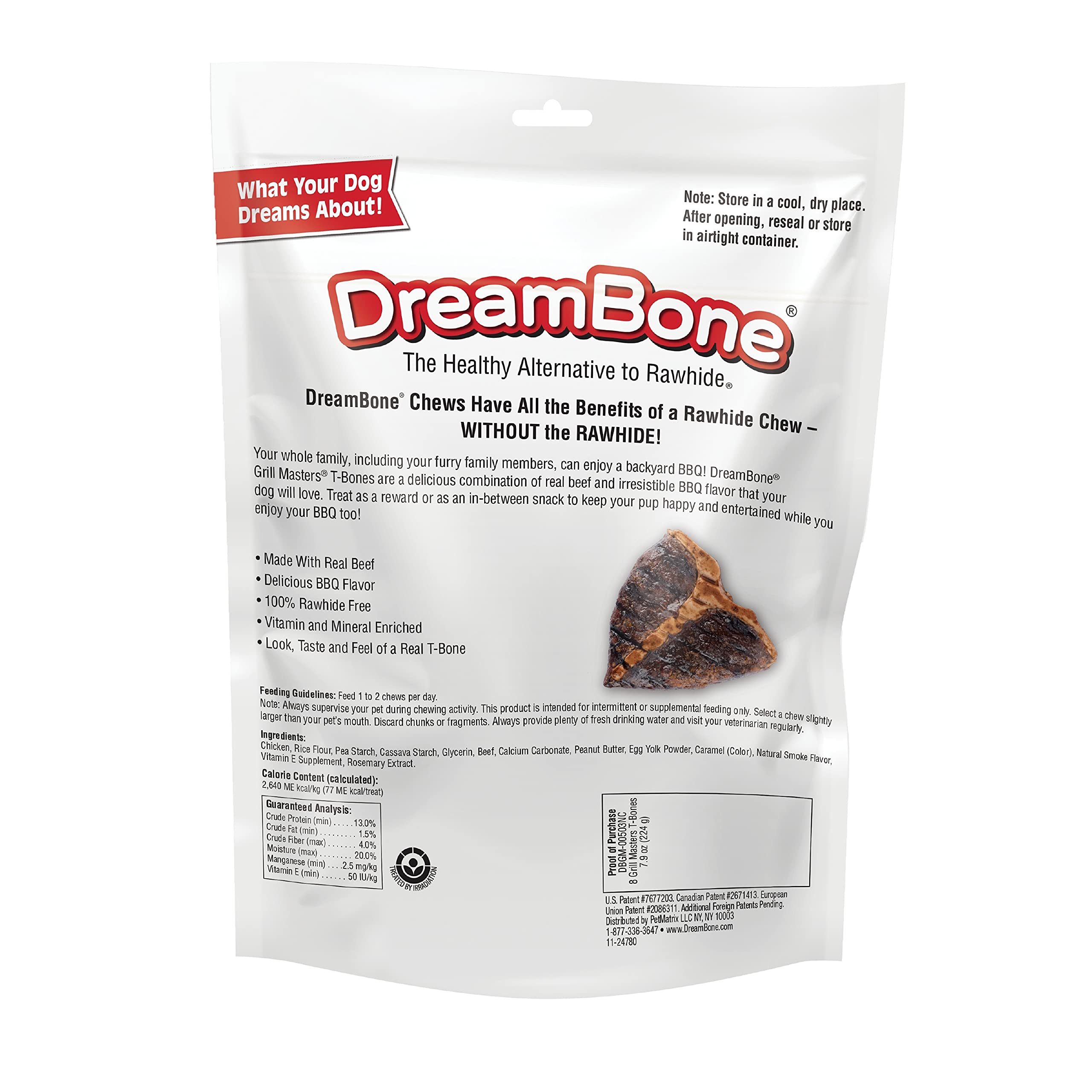 Dog enjoying a DreamBone Grill Masters T-Bone chew in a backyard.