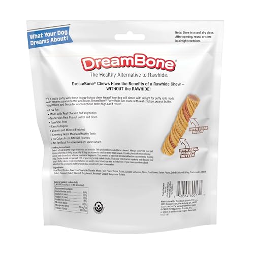 DreamBone Puffy Rolls bag back—nutrition facts and ingredients.