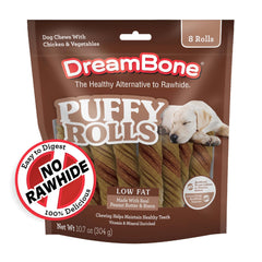 DreamBone Puffy Rolls bag front—rawhide-free treats for dogs.