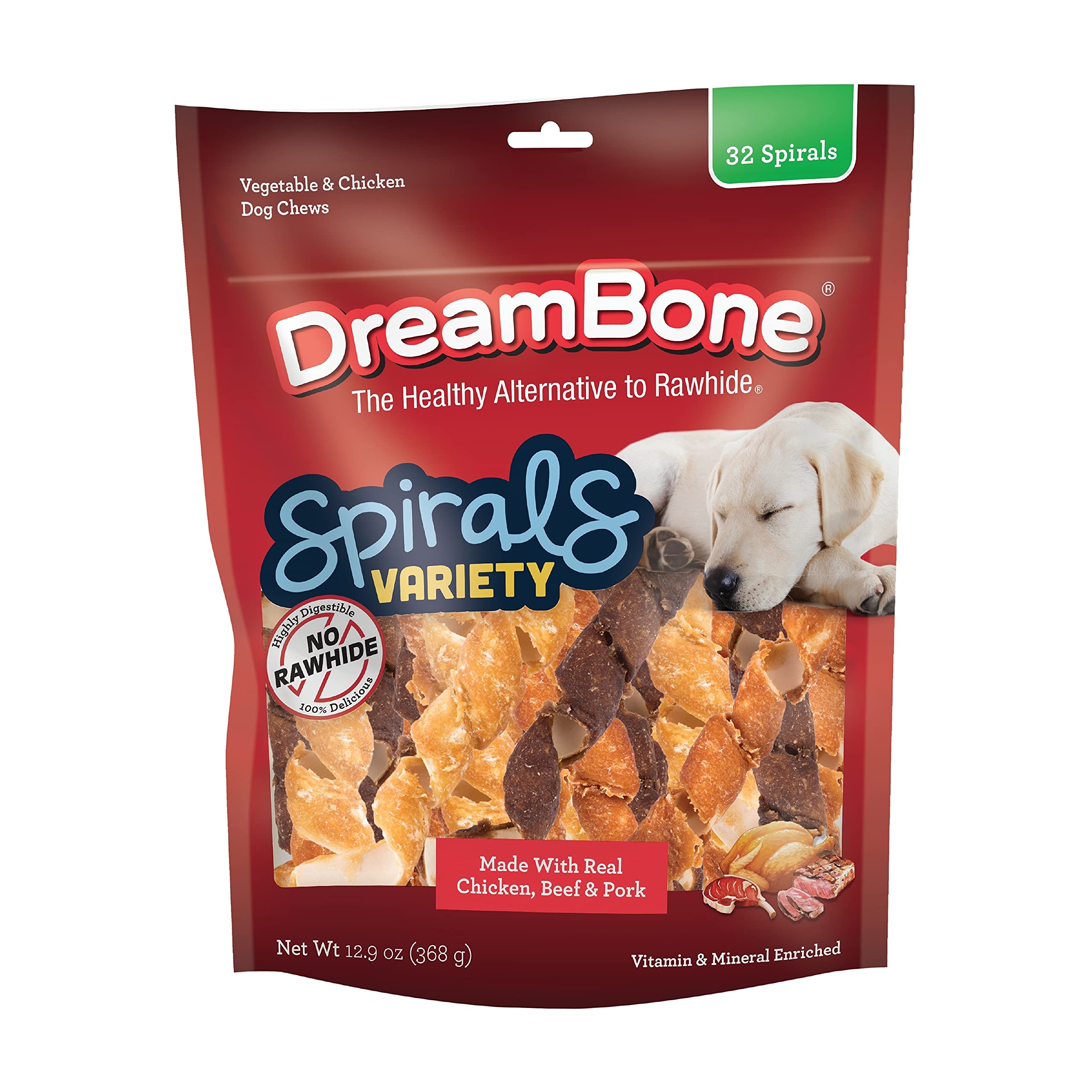 DreamBone Spirals variety pack chicken flavor chew for interactive play.