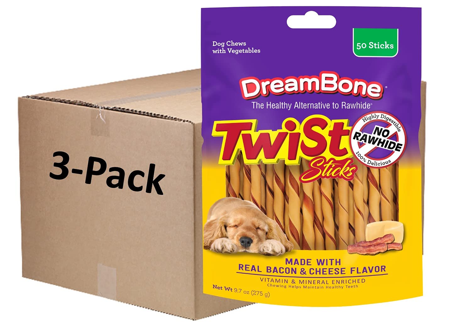 DreamBone Twist Sticks real bacon cheese flavor—crisp bite for dogs.