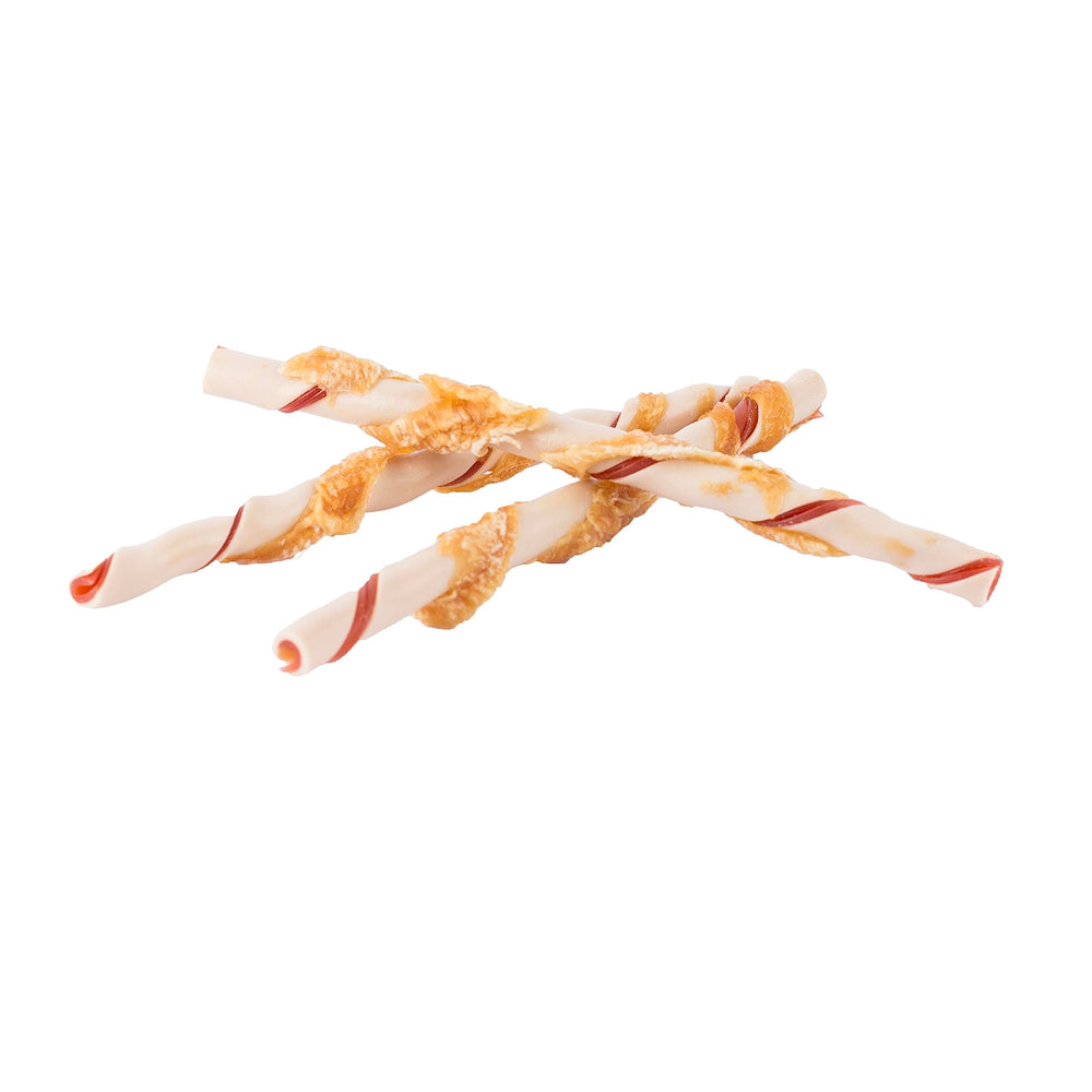 DreamBone Twists Wrapped with Chicken chews image highlighting real chicken flavor and digestible treats