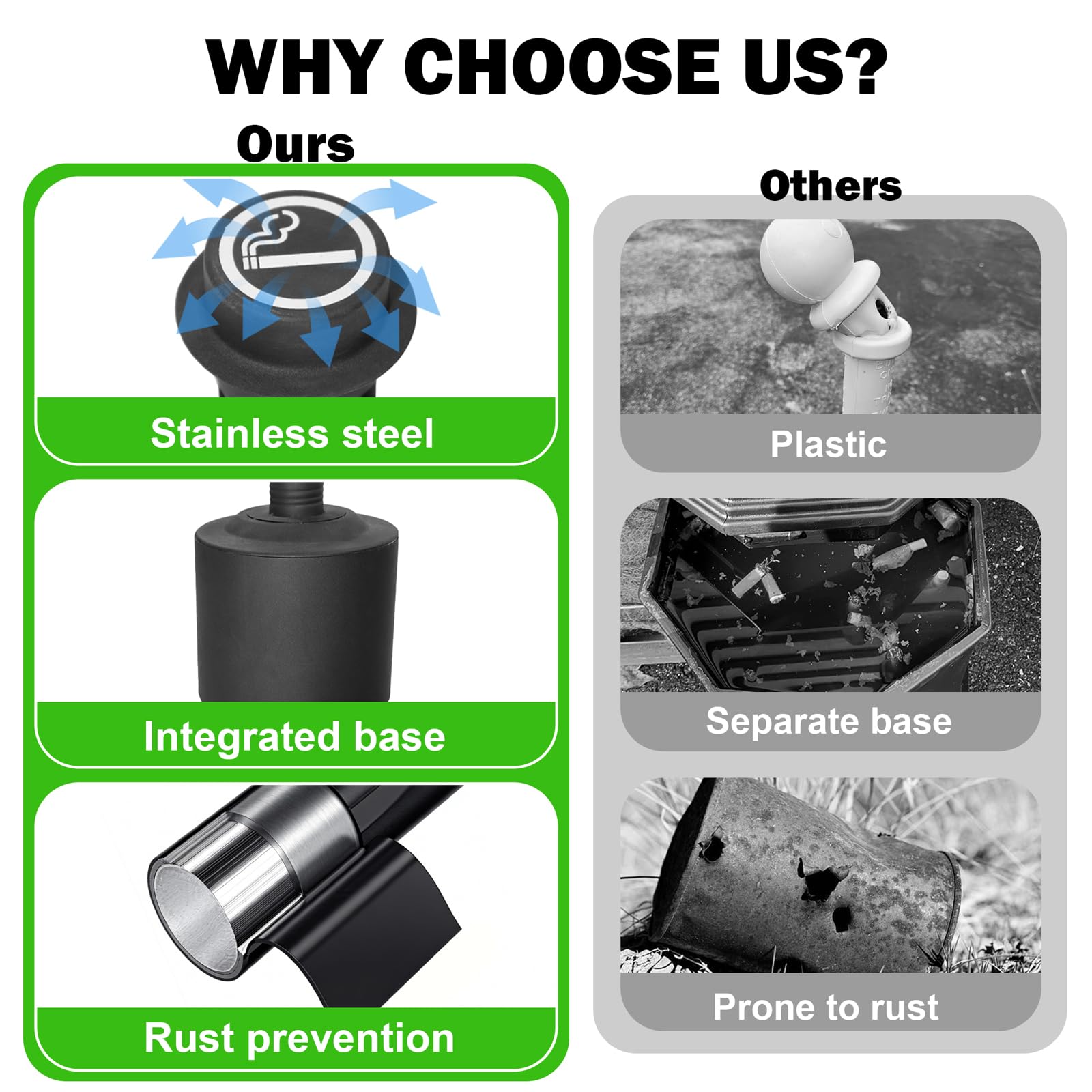 Dreamillo outdoor ashtray with black coating in outdoor setting.