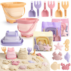 Dreamon collapsible beach buckets in purple, pink, yellow ready for easy travel.
