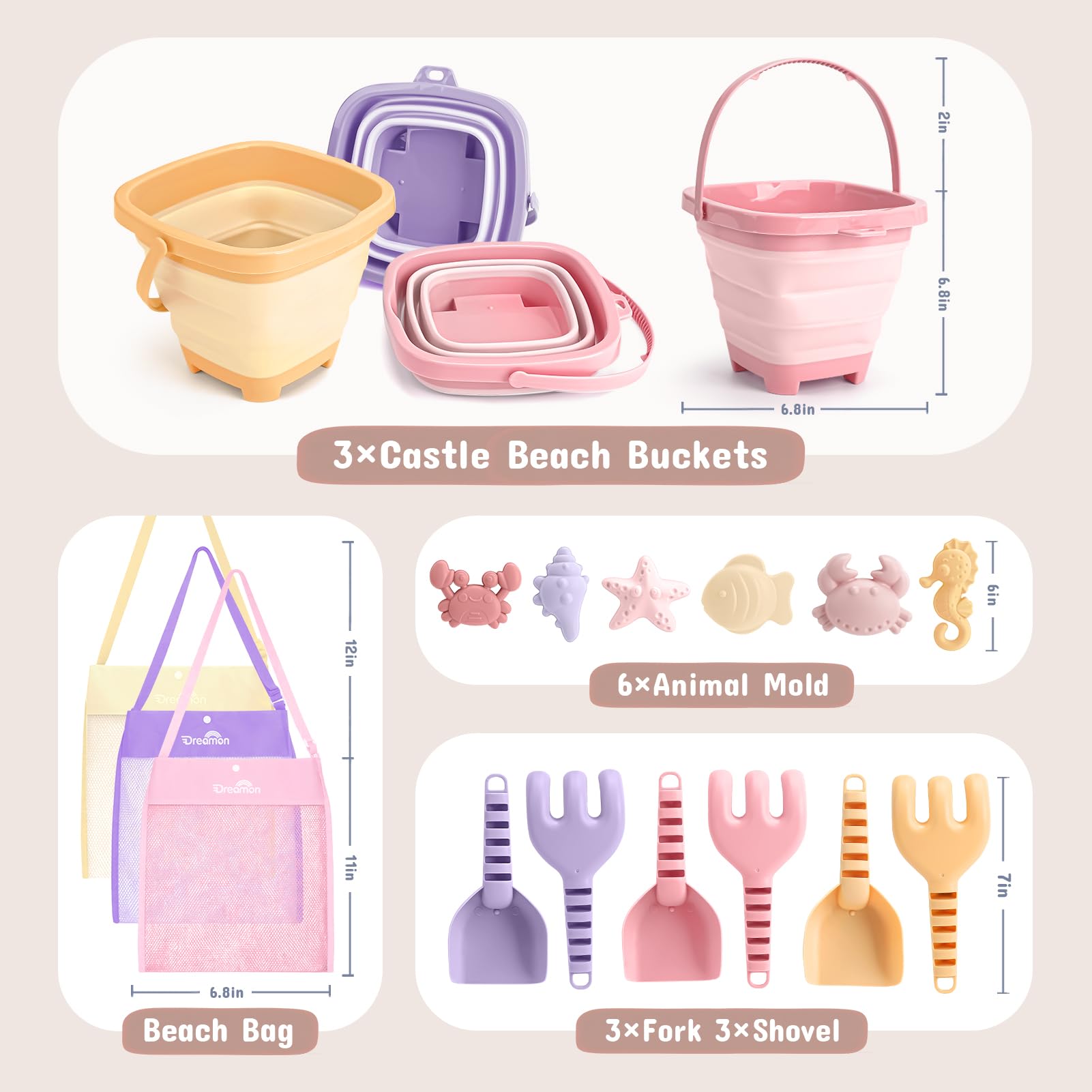 Dreamon beach shovels and rakes support creative sand structures.