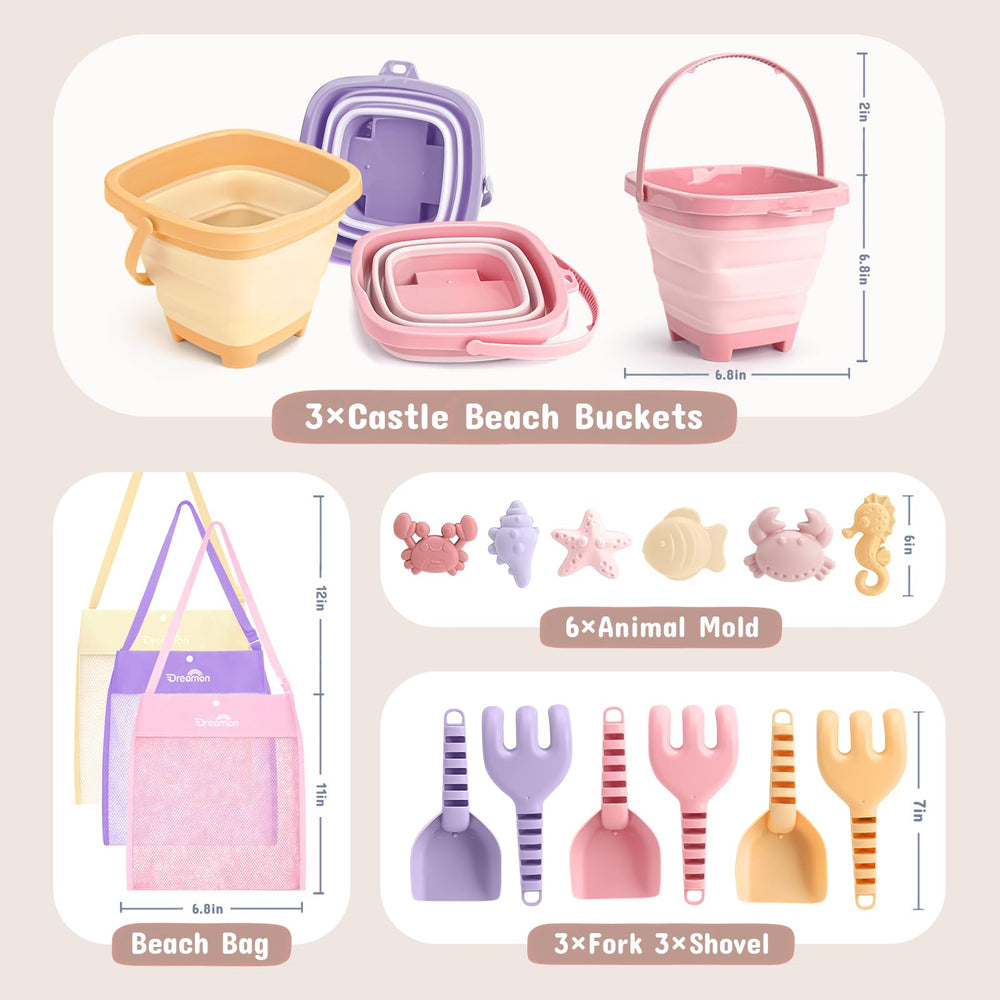 Dreamon beach shovels and rakes support creative sand structures.