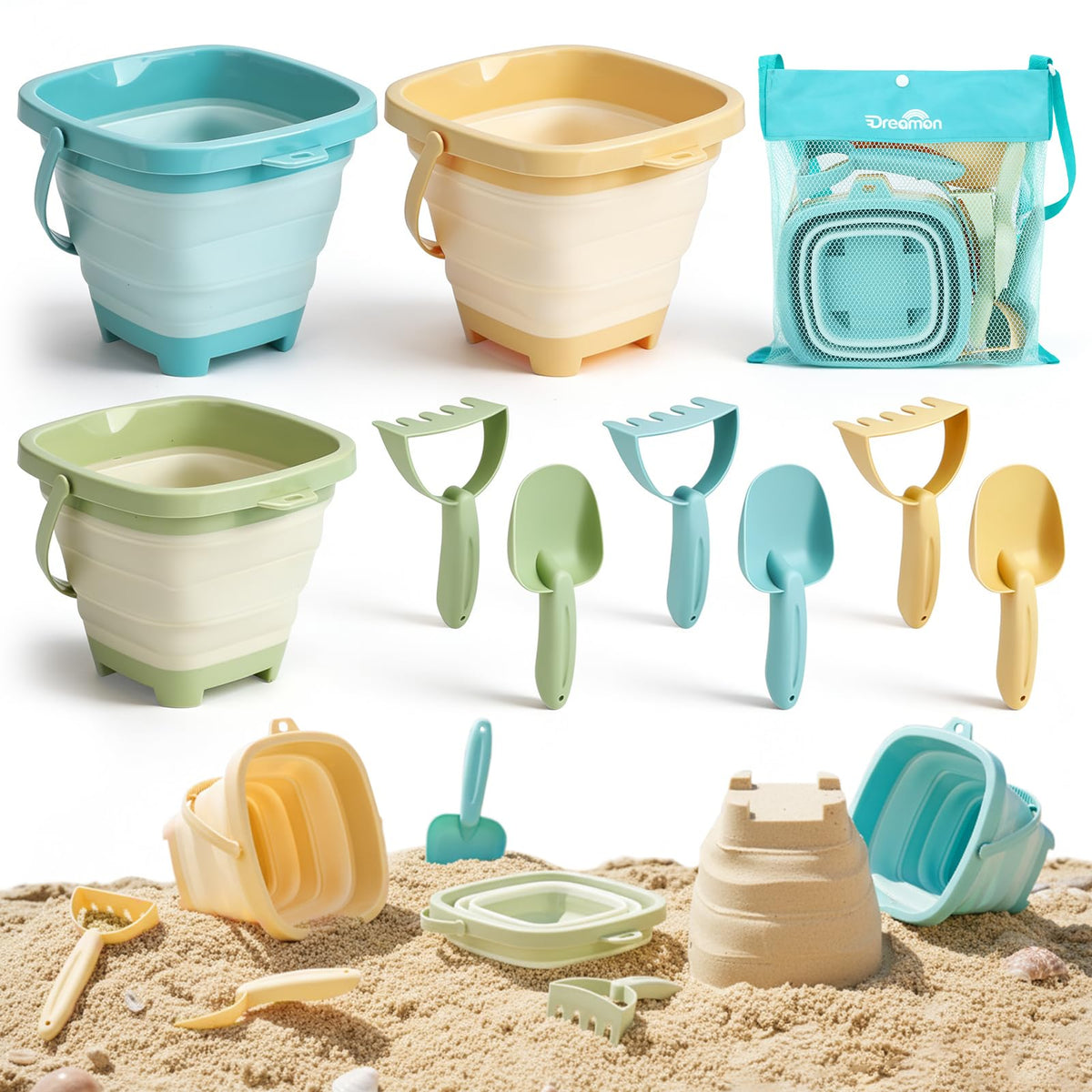 Dreamon beach toy 3-pack collapsible buckets for easy sandcastle setup