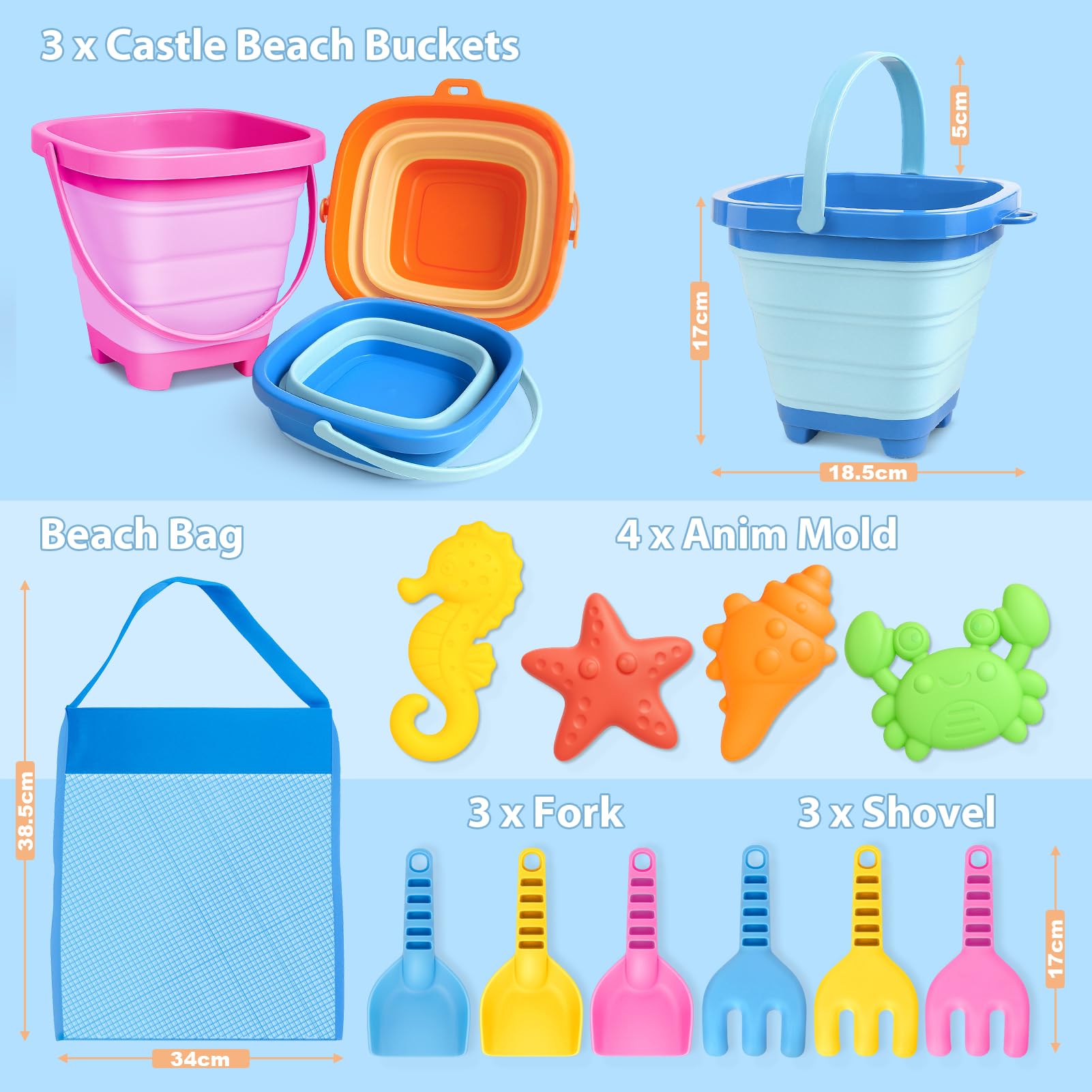Dreamon sand shovels and molds with mesh bag keep beach toys organized