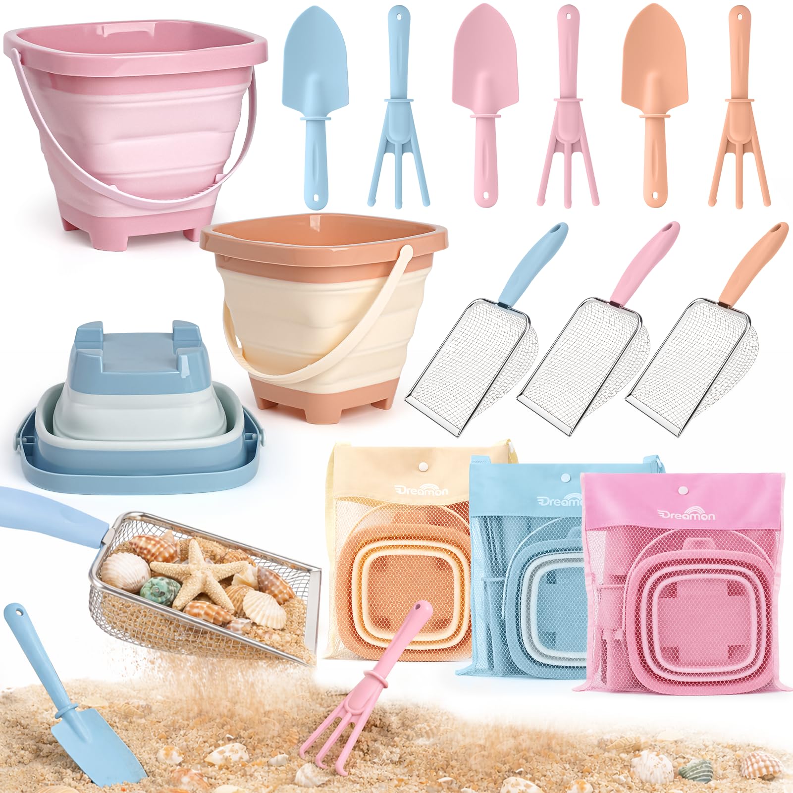 Dreamon collapsible bucket set for easy beach toy storage and transport.