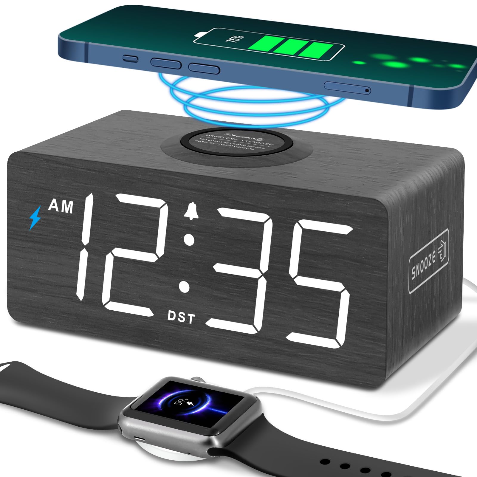 DreamSky wooden digital alarm clock on a desk with large digits for quick visibility