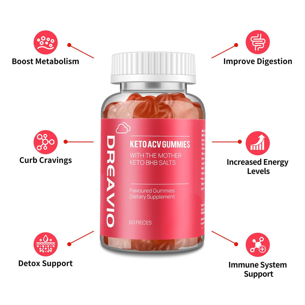 DREAVIO Keto ACV Gummies pack front emphasizes sugar-free vegan formula