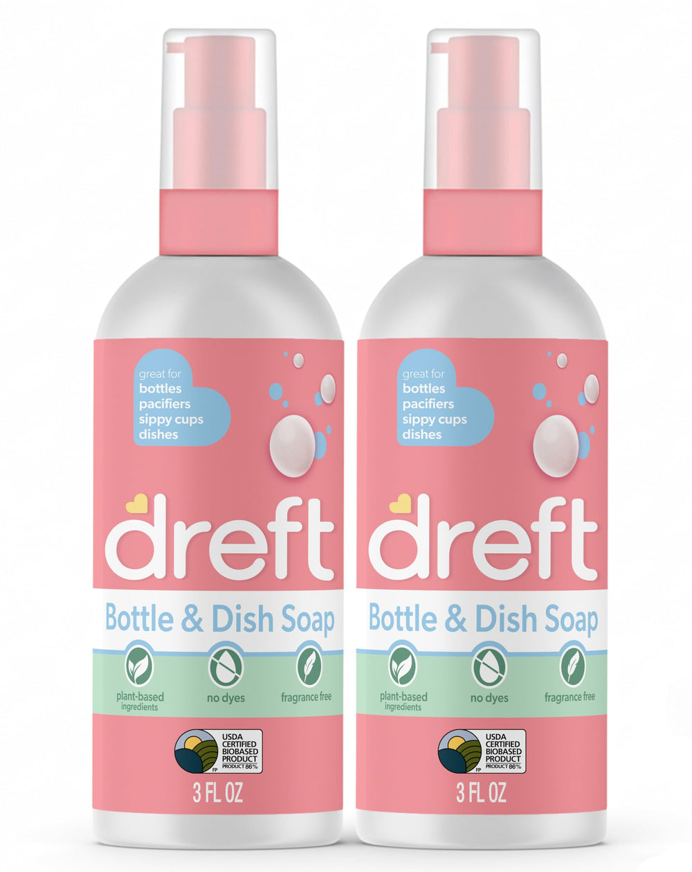 Dreft Bottle and Dish Soap bottle closeup highlighting plant-based cleansing.