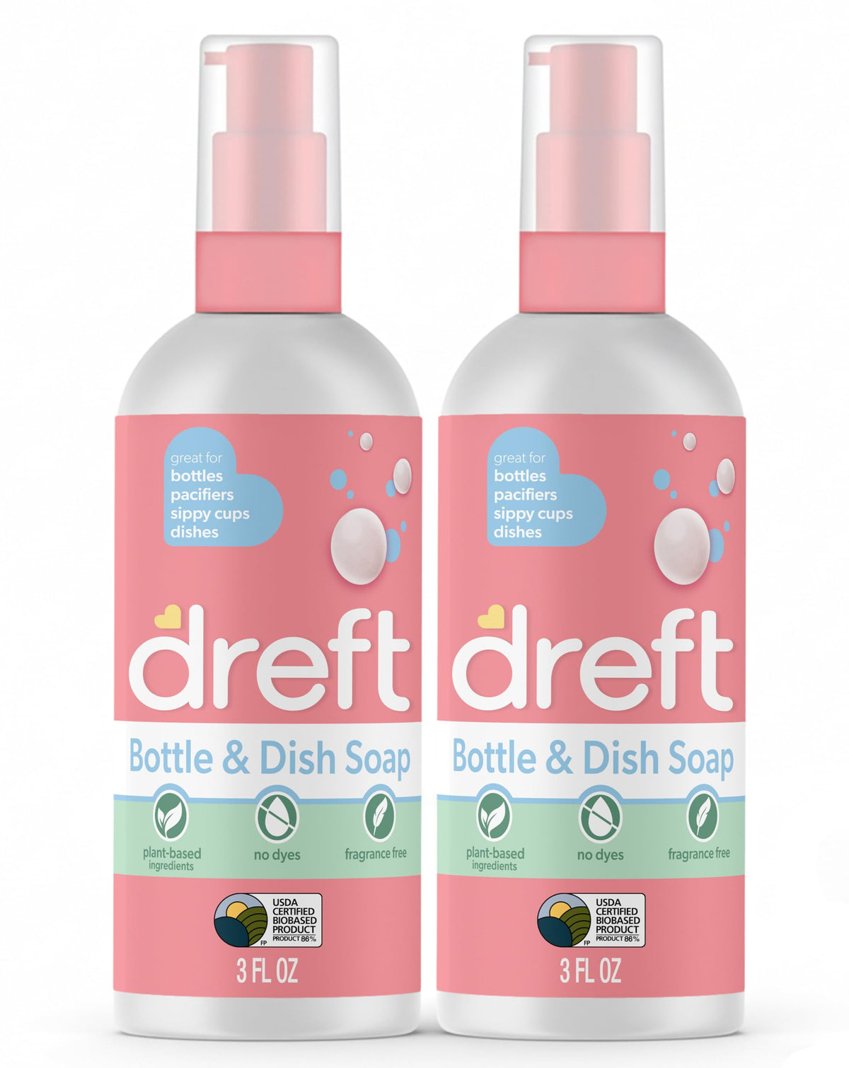 Dreft Bottle and Dish Soap bottle closeup highlighting plant-based cleansing.