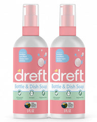 Dreft Bottle and Dish Soap bottle closeup highlighting plant-based cleansing.