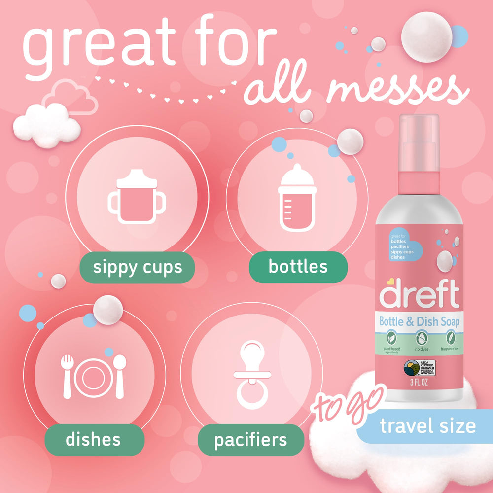 Dreft travel size bottle in a diaper bag for on-the-go cleaning.