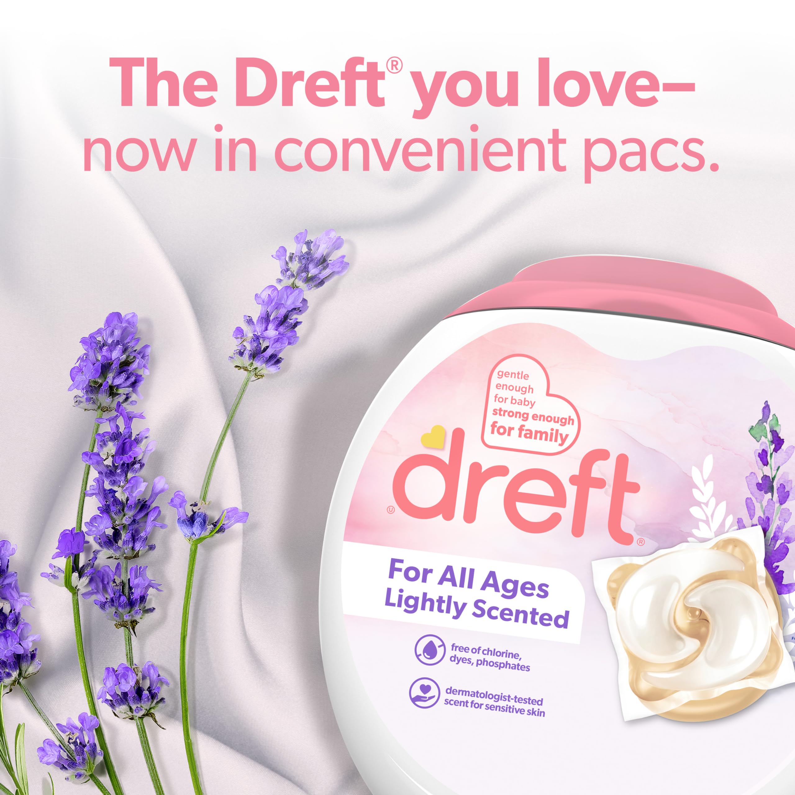 Dreft Laundry Pacs packaging closeup highlights hypoallergenic formulation