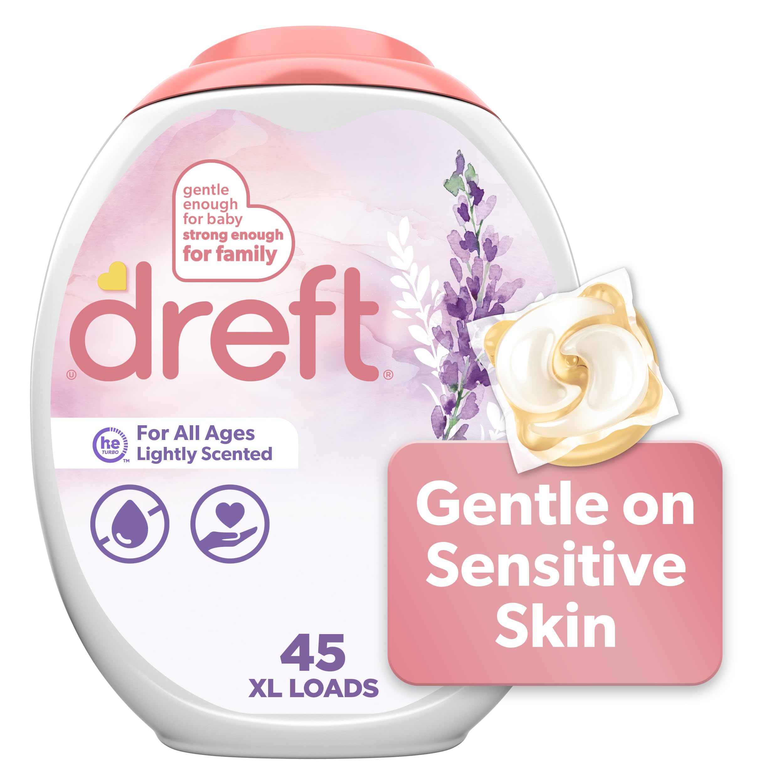 Dreft lavender laundry pods highlight gentle care for sensitive skin.