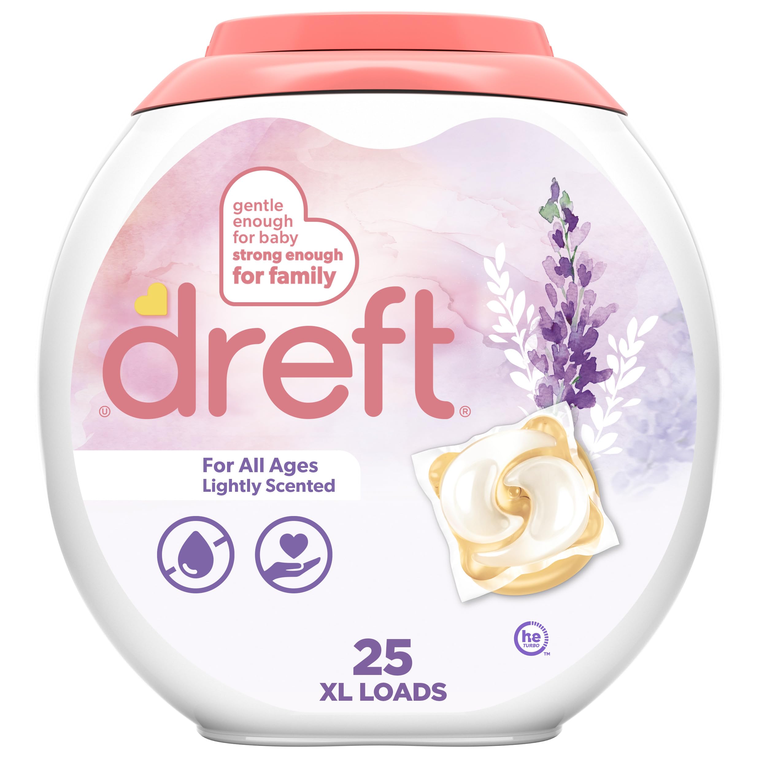 Dreft Pacs lavender baby clothes close-up; gentle washing for sensitive skin.