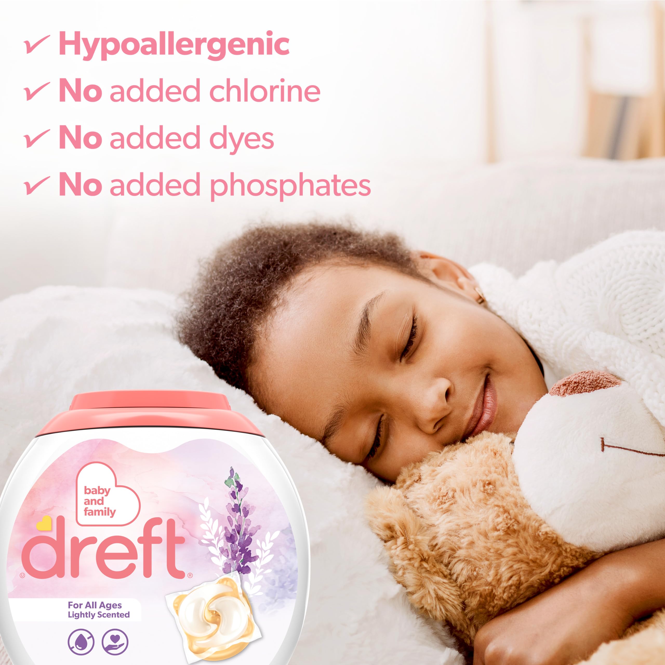 Dreft lavender pac being dispensed; easy dosage for family laundry.